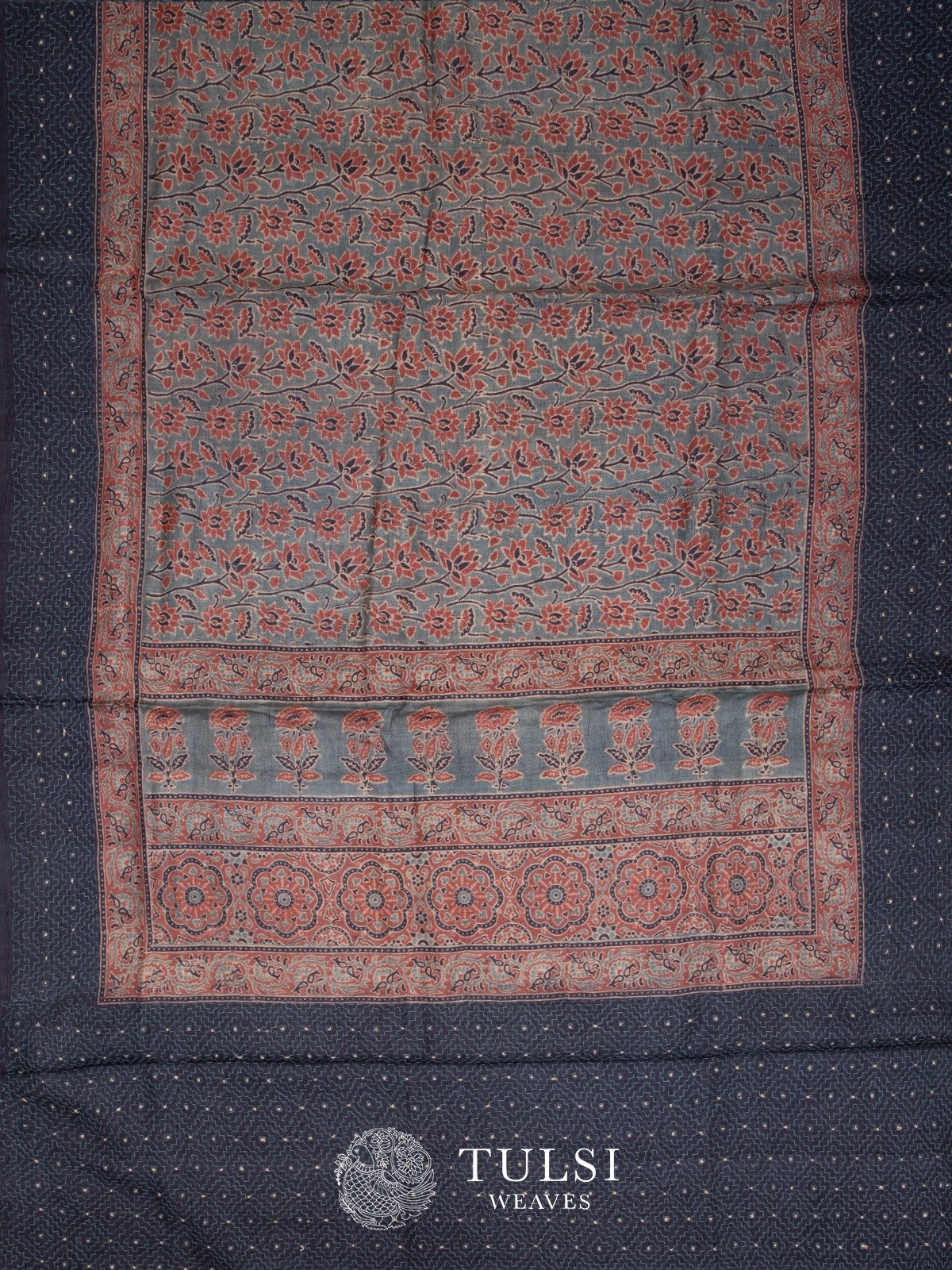 Dusty Blue Tussar Silk Saree with Printed Ajrakh