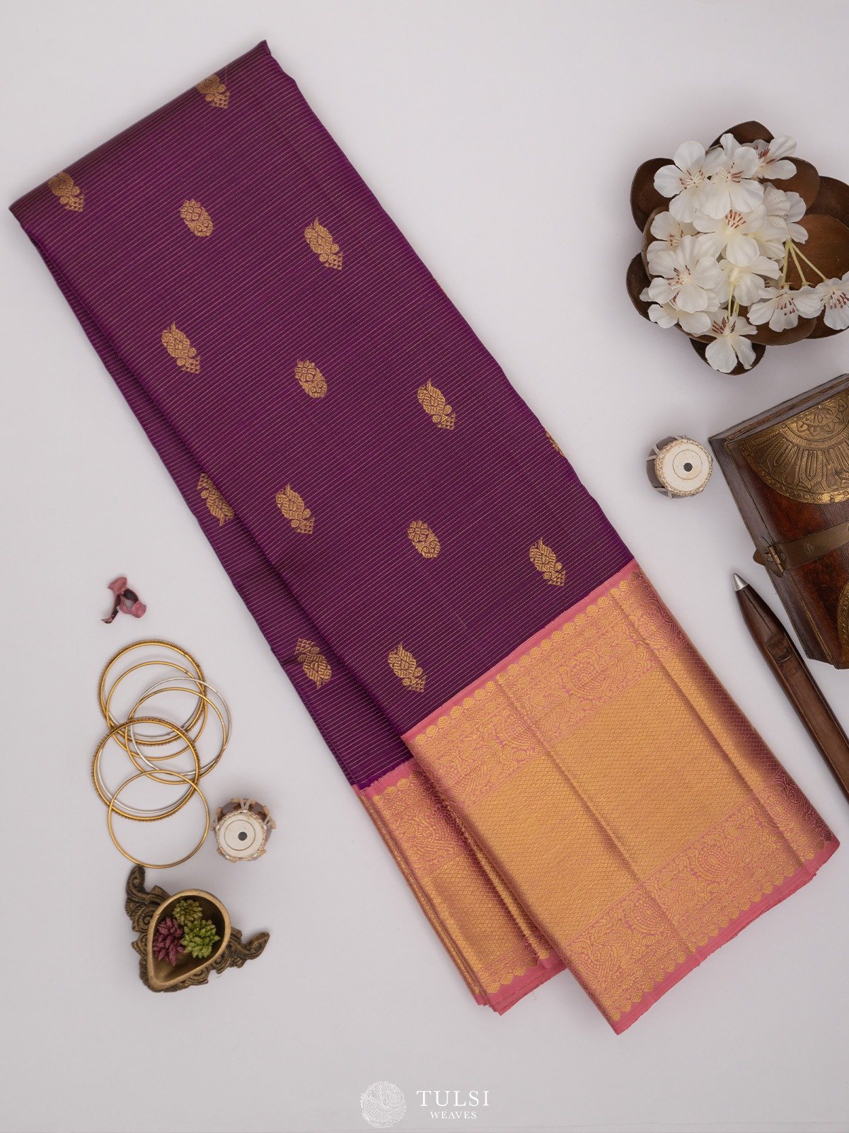 Purple Kanjeevaram Silk Saree With Light Pink Border