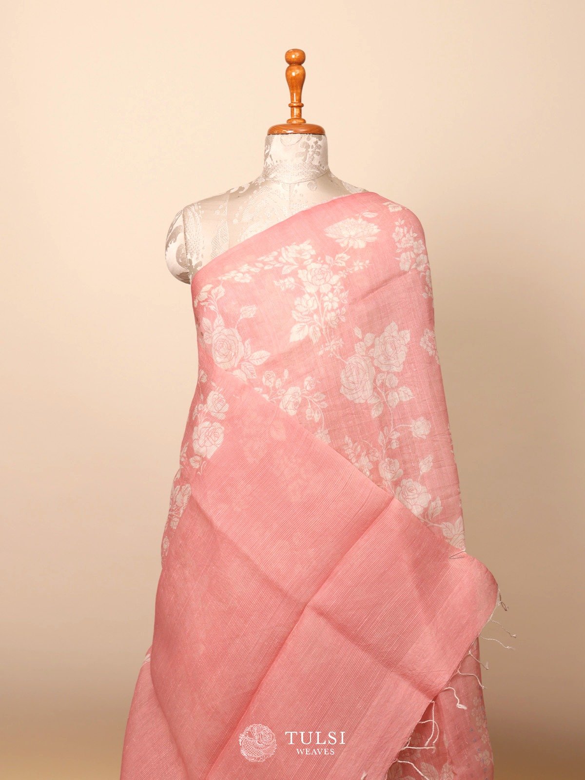 Light Pink Kora Jute Saree with Floral Print