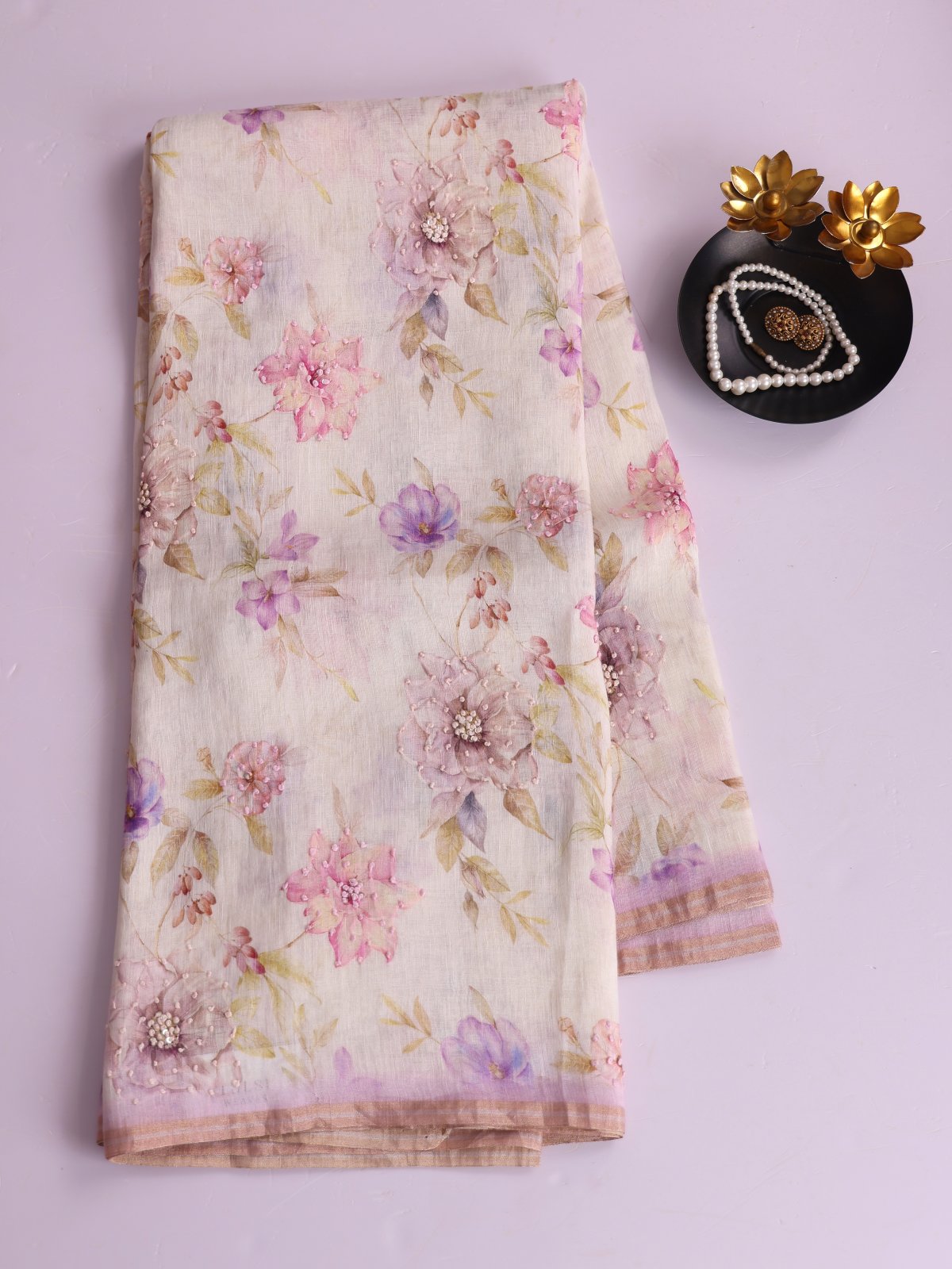 Off- White Printed Linen Saree With Embroidery