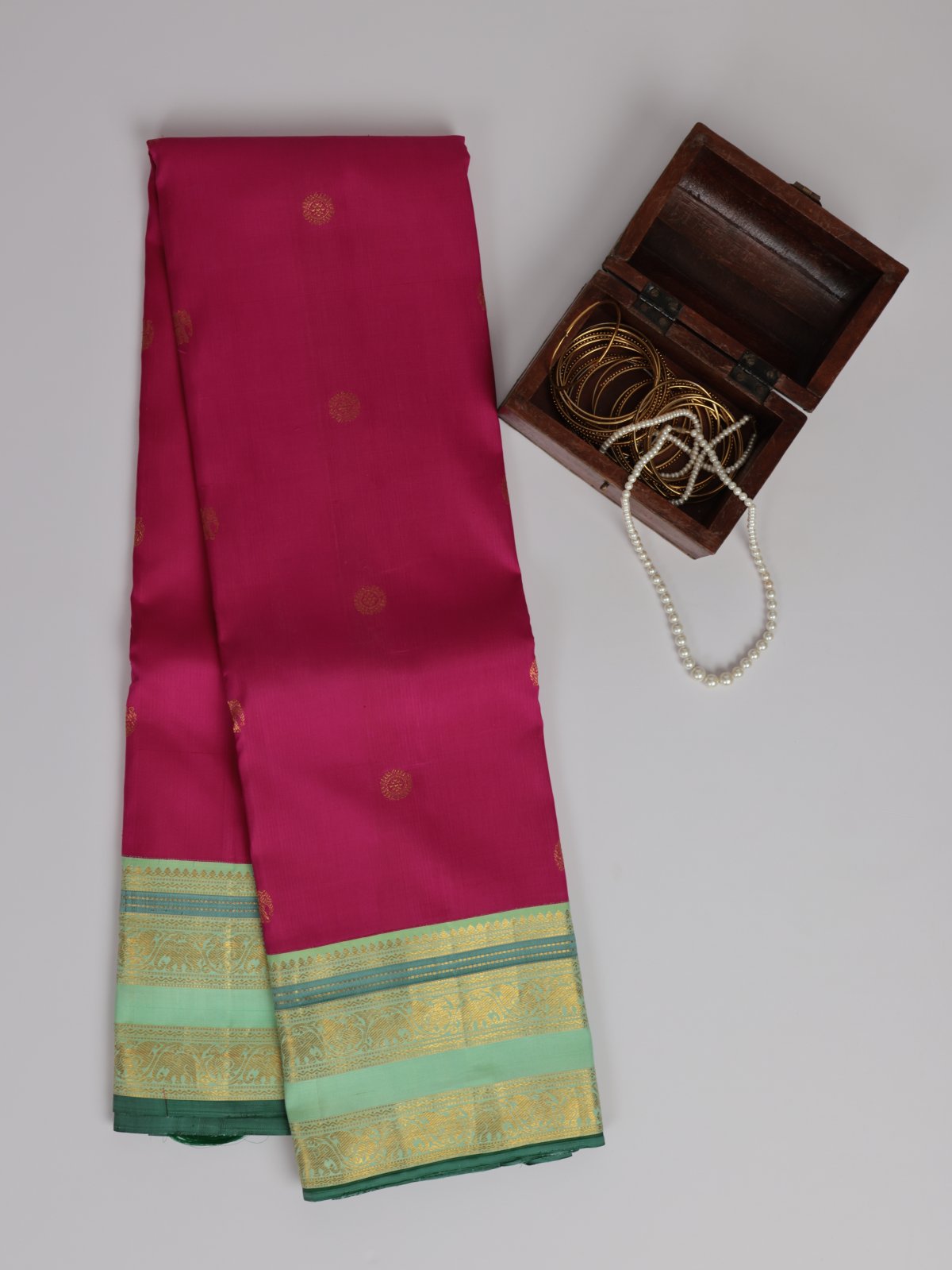 Rani Pink Kanjeevaram Silk Saree With Light Parrot Green Border