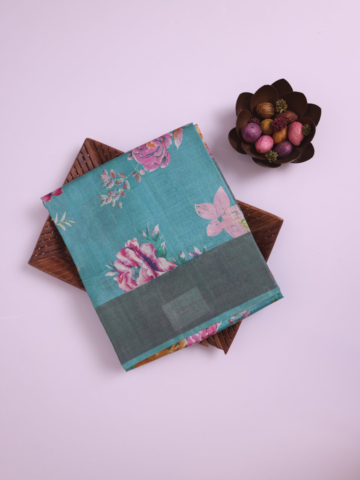 Teal Blue Printed Tussar Silk Saree