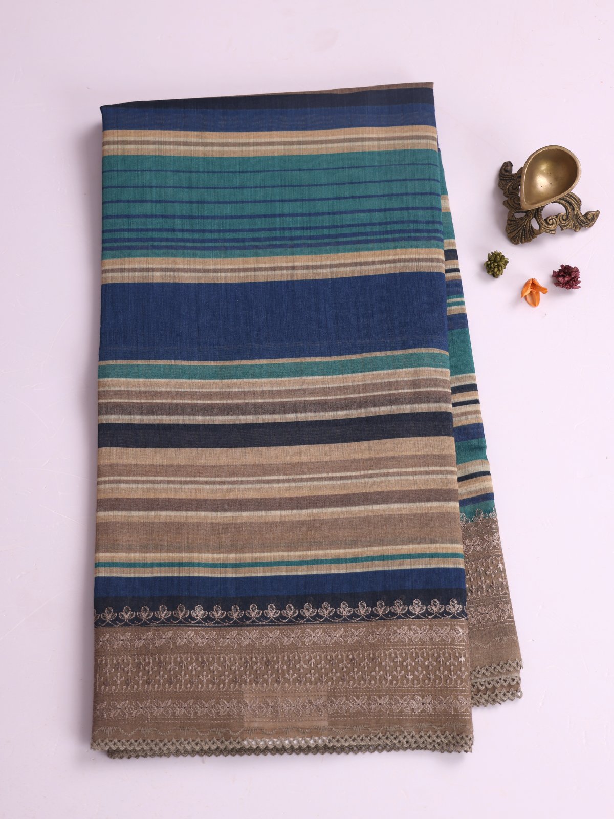 Multi color Striped Printed Tussar Silk Saree With Greige Embroidered Border