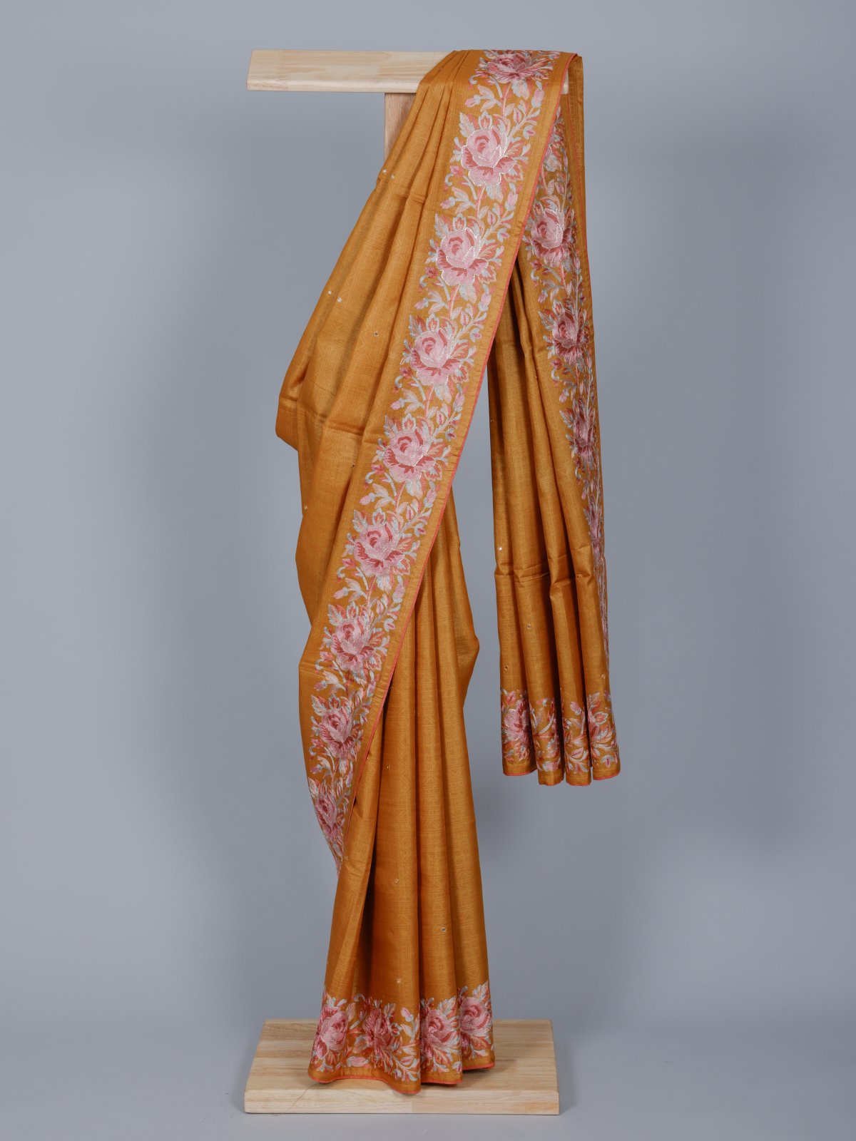 Yolk Yellow Tussar Silk Saree with Floral Embroidery Border
