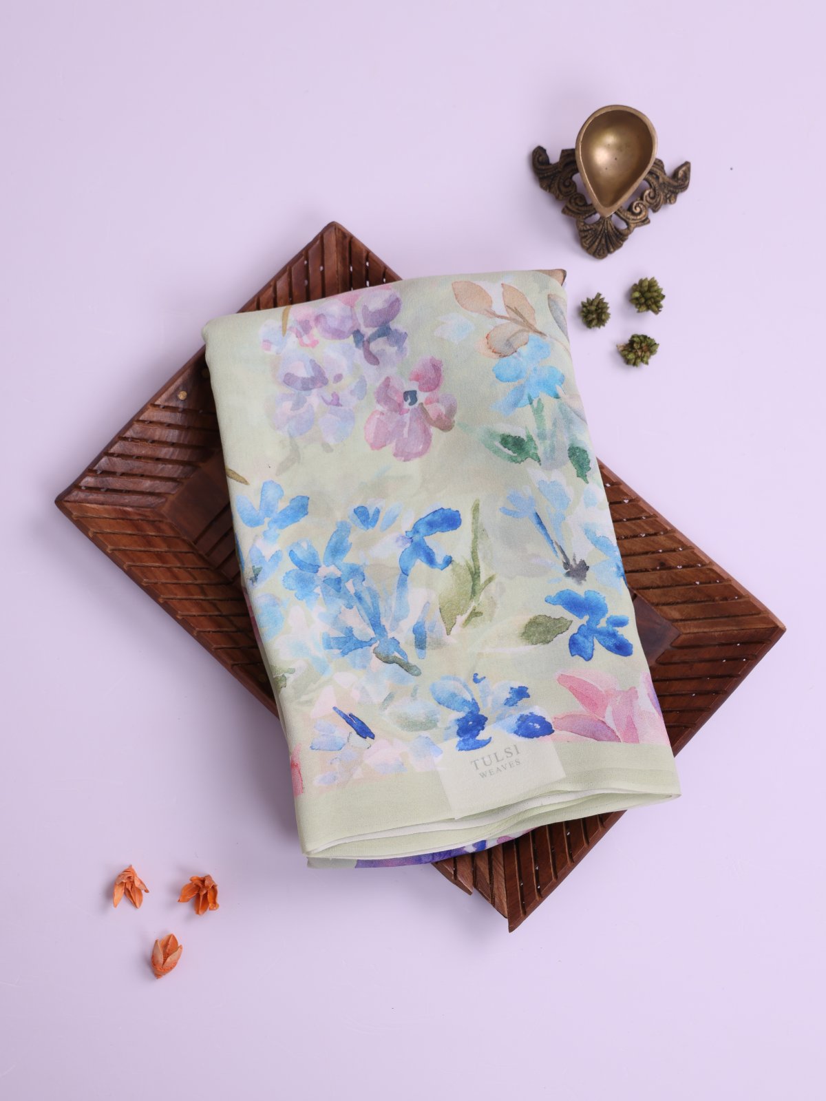  Pastel Green Floral Printed Georgette Silk Saree