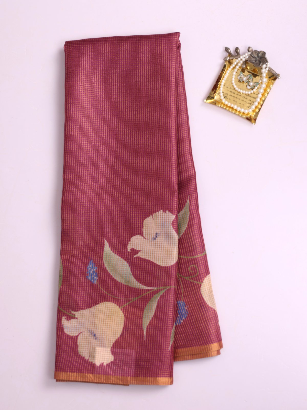 Magenta Zari Checked Printed Tussar Silk Saree