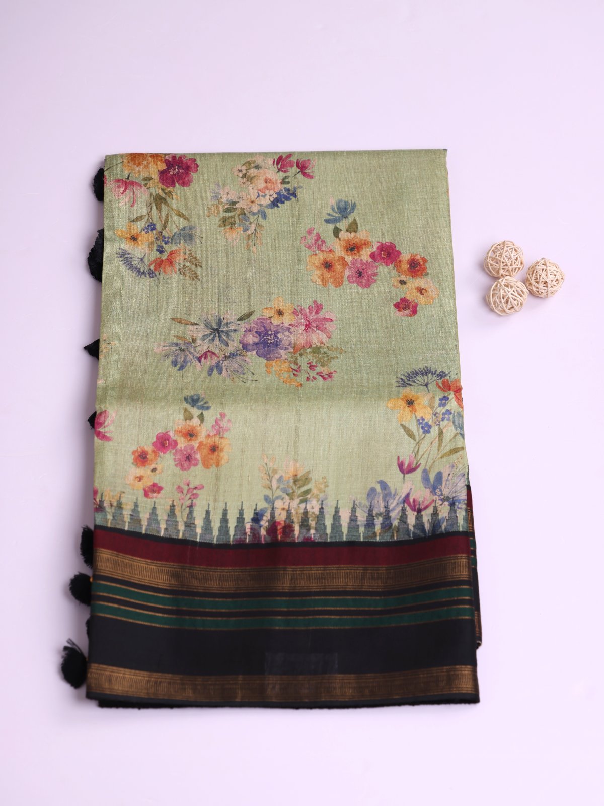 Pastel Green Printed Tussar Silk Saree With Black Border