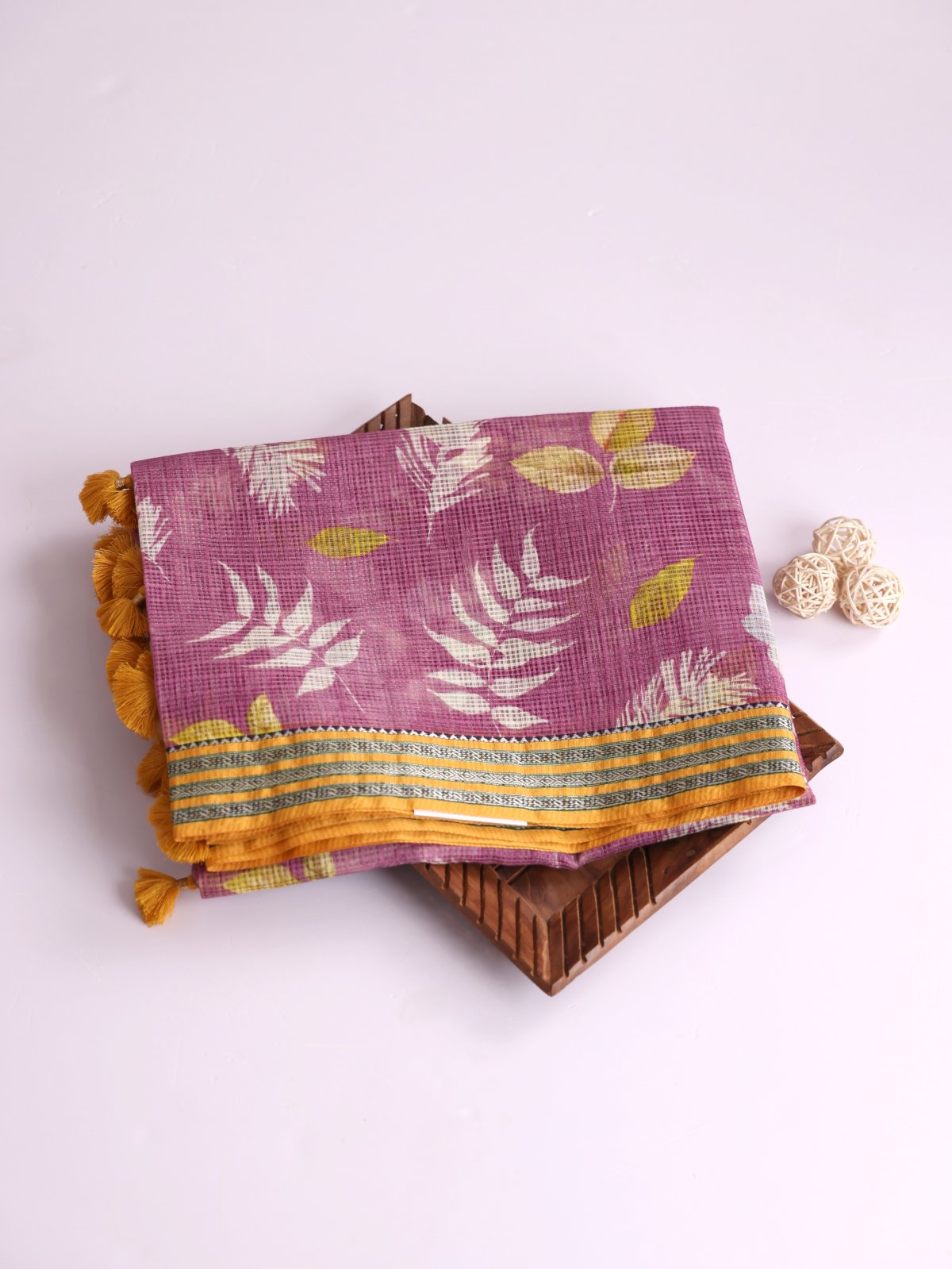 Mauve Printed Kota Cotton Saree With Mustard Yellow Vidarbha Border
