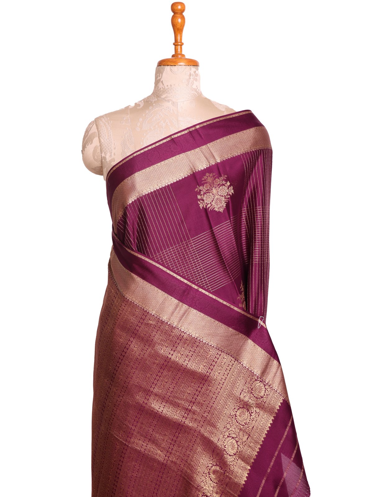 Dark Burgundy Checked Mysore Silk Saree