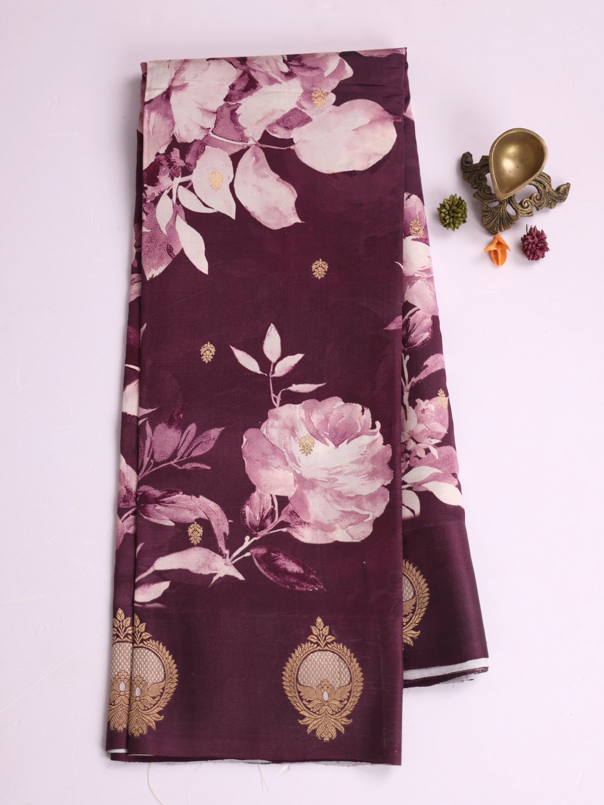 Wine Printed Mashru Silk Saree With Satin Border