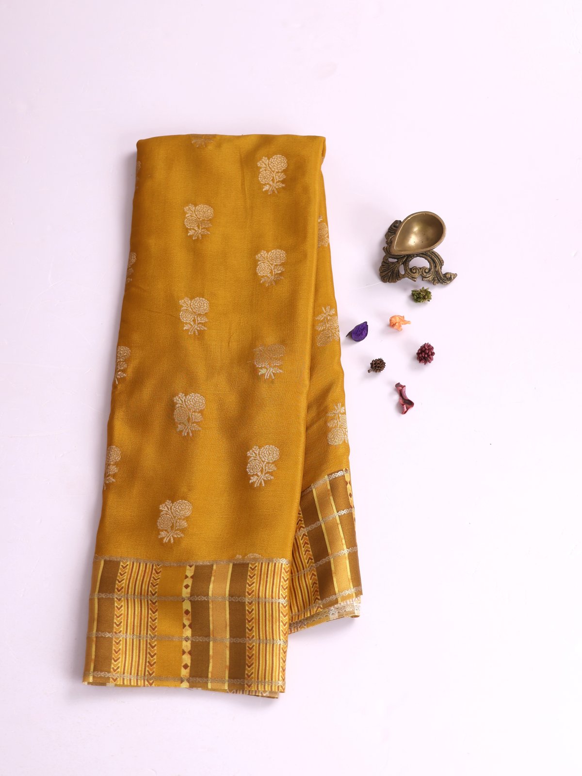 Mustard Yellow Crepe Silk Saree With Printed Satin Border