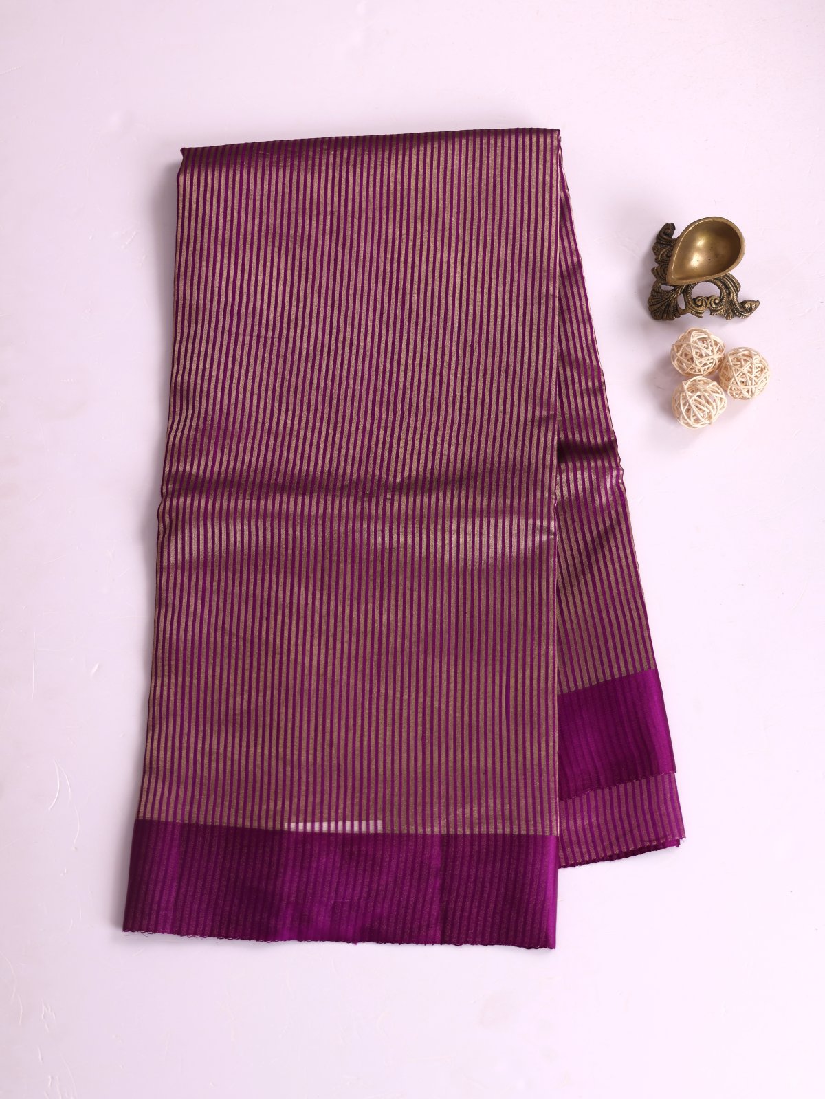 Purple Zari Striped Organza Silk Saree With Satin Border