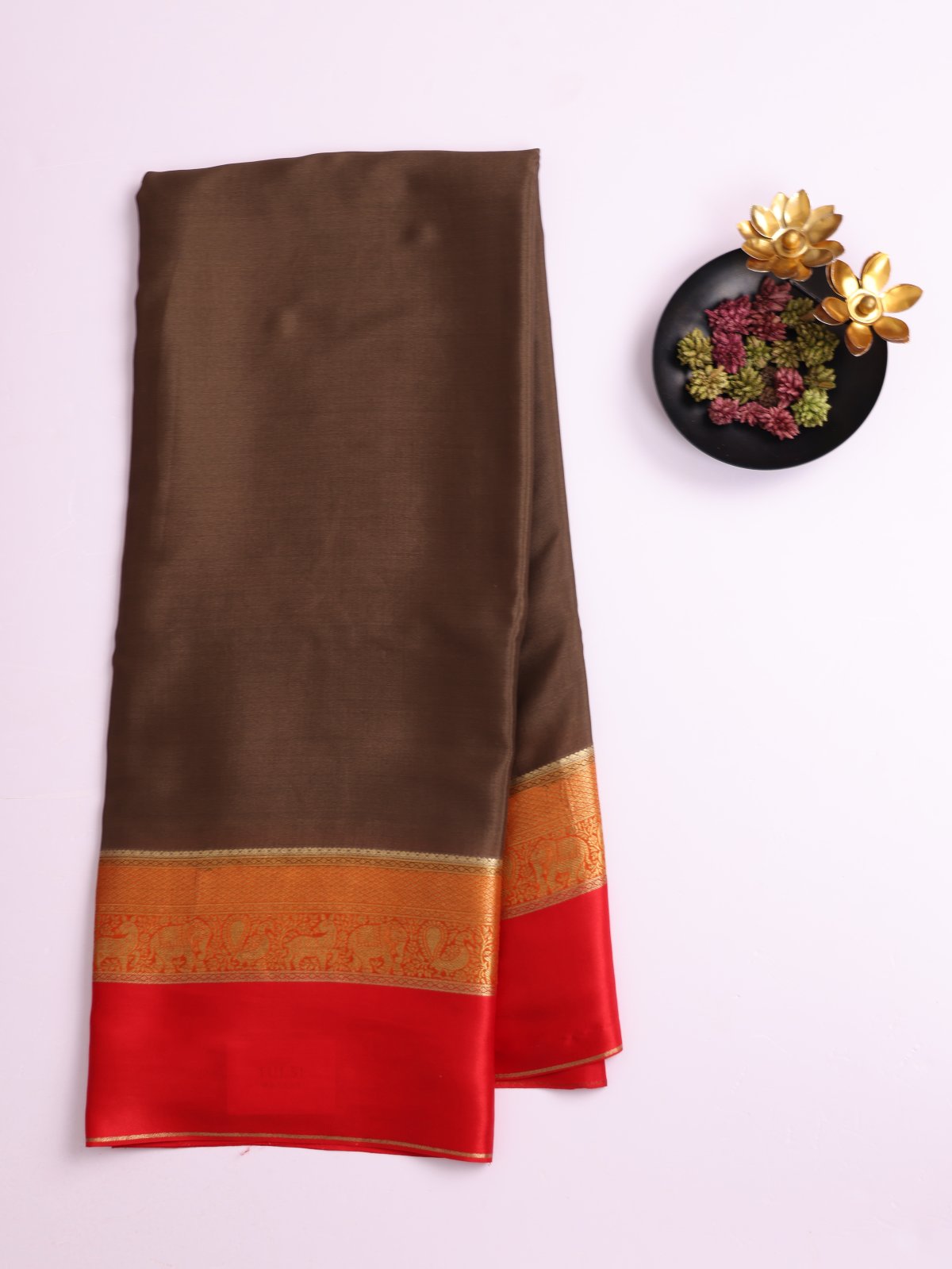Brown Mysore Silk Saree With Red Zari Border