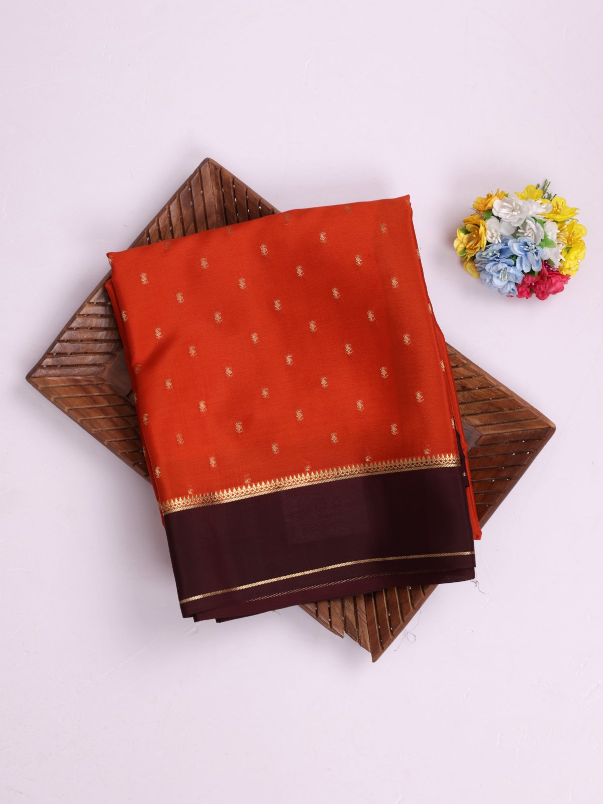 Rust Orange Mysore Silk Saree With Brown Border