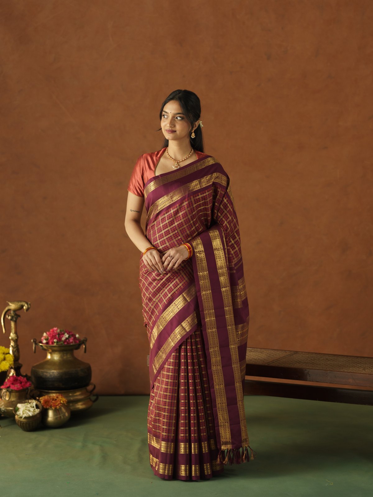 Maroon Checked Kanjeevaram Silk Saree With Maroon Border