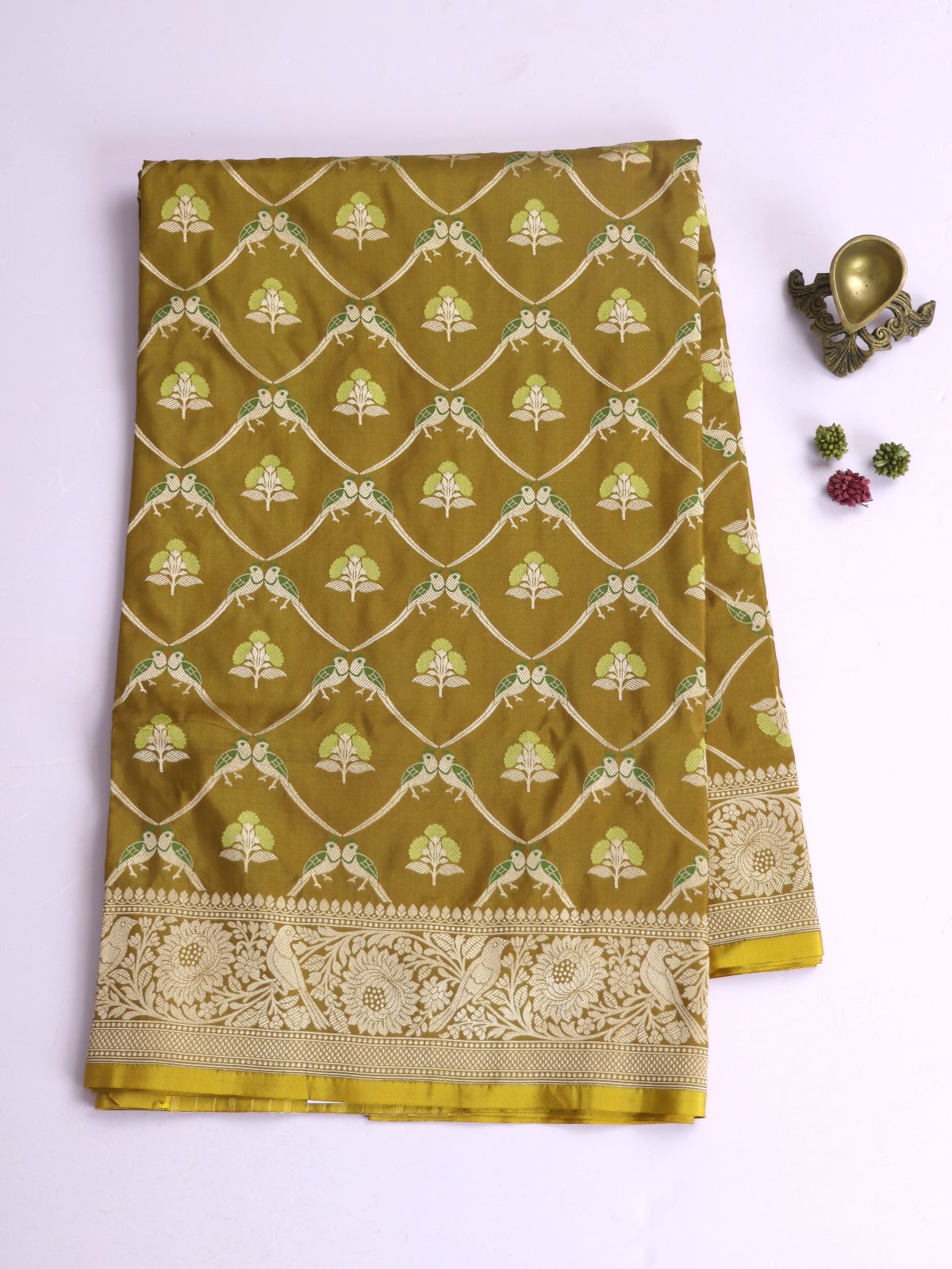 Mehndi Green Banaras Silk Saree With Zari Border