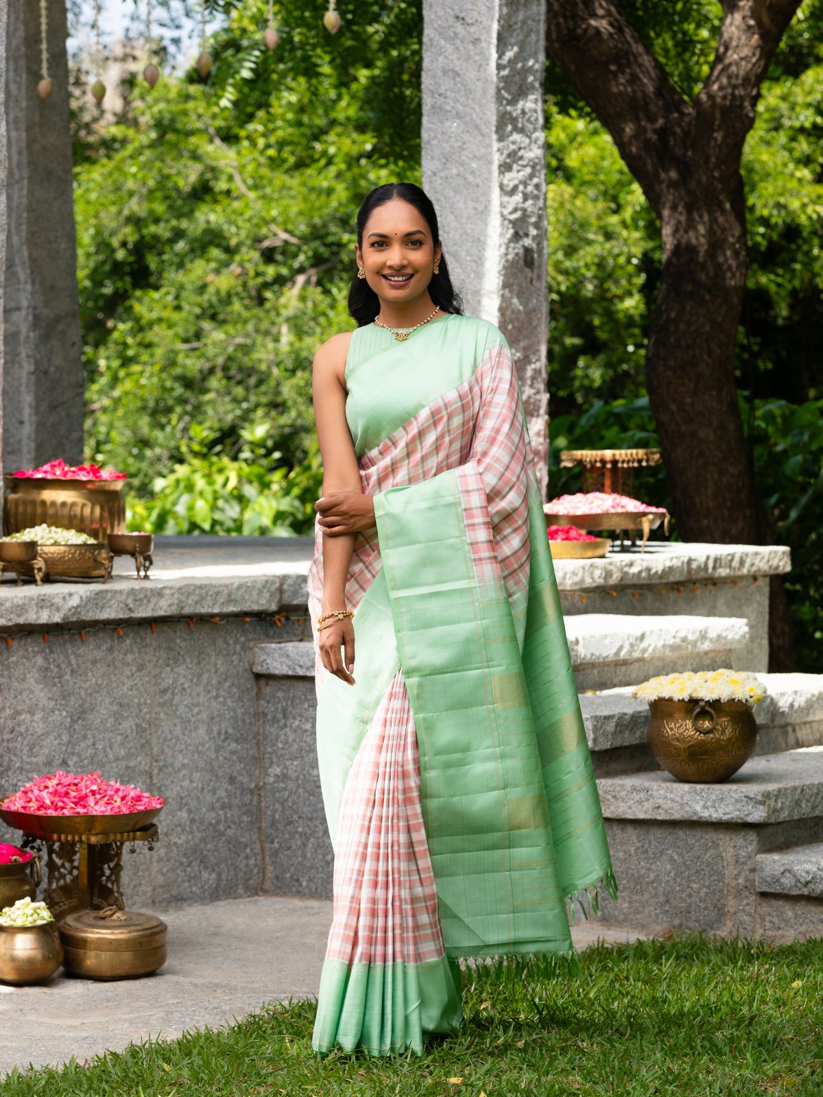 Multi Color-Checked Linen Kanjeevaram Silk Saree With Light Green Border 