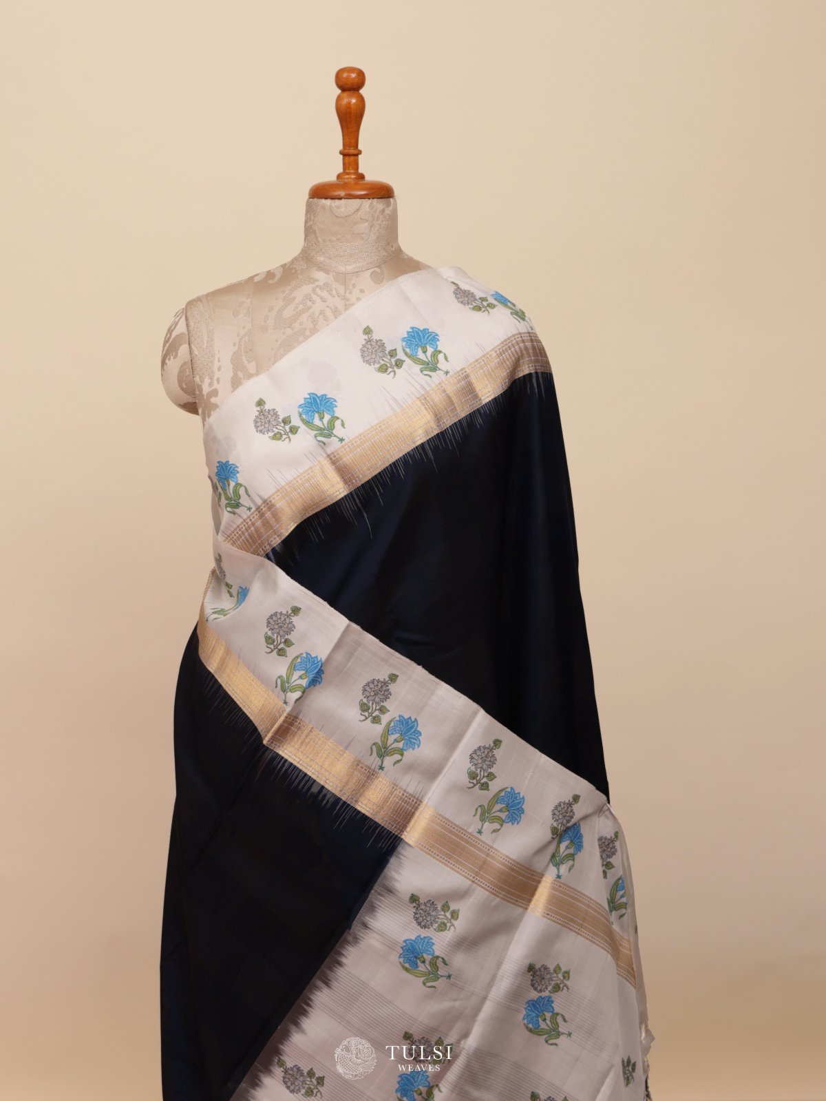 Navy Blue Block Printed Soft Silk Saree