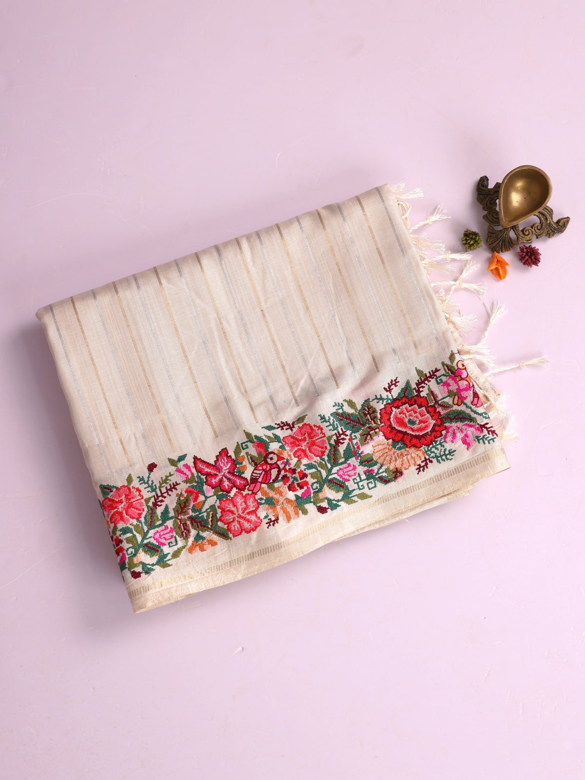 Off-White Zari Striped Semi Tussar Silk Saree With Cross-Stitch Embroidery