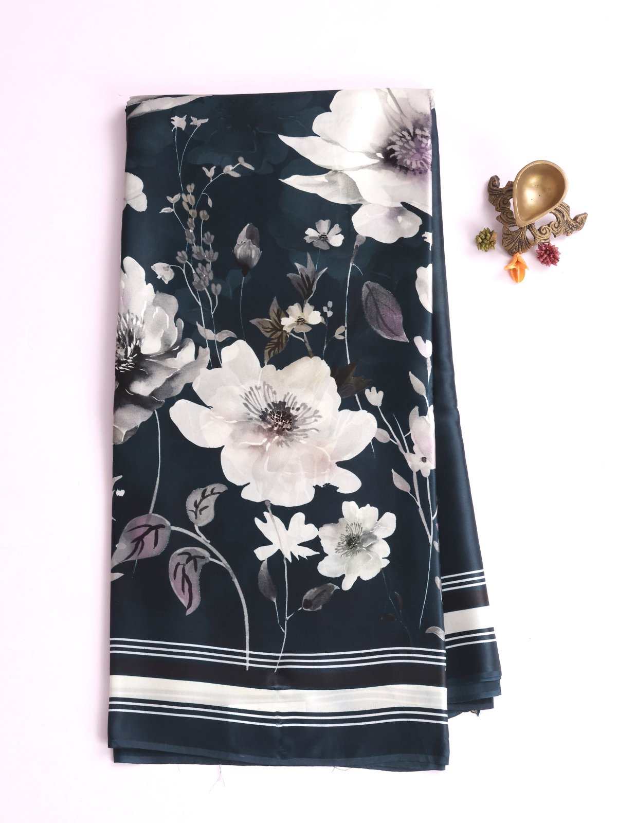 Dark Peacock Blue Printed Satin Silk Saree