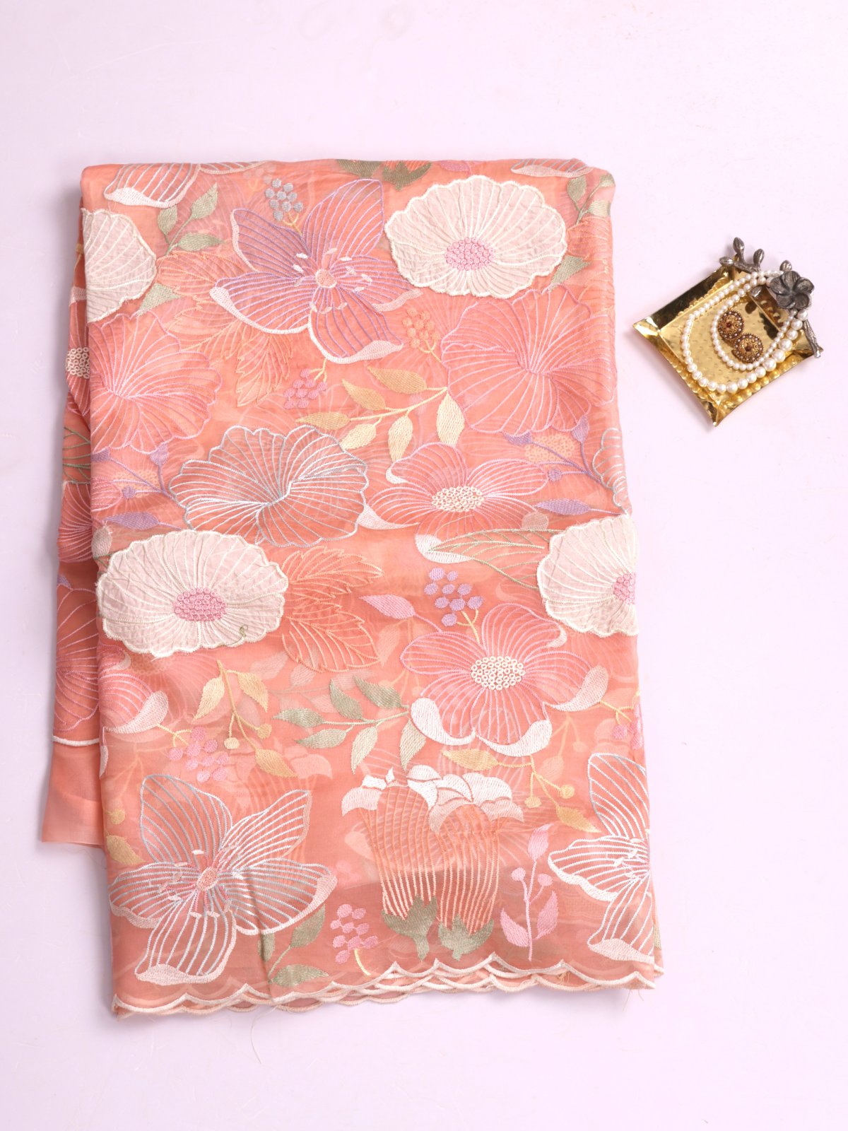 Peach Embroidered Organza Silk Saree With Applique Work
