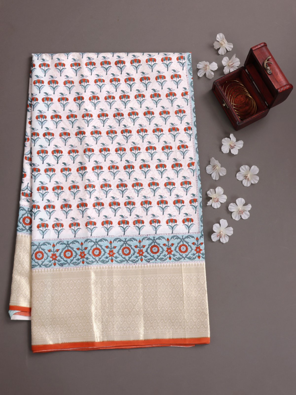 White Block Printed Kanjeevaram Silk Saree With Zari Border