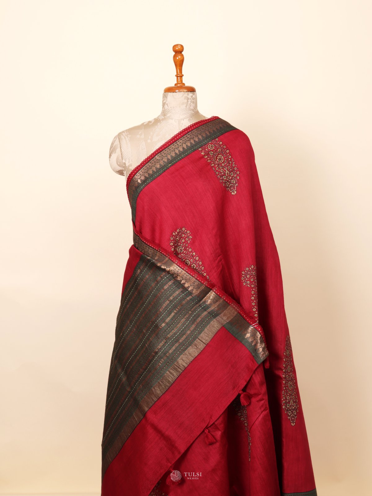 Red Munga Tussar Silk Saree