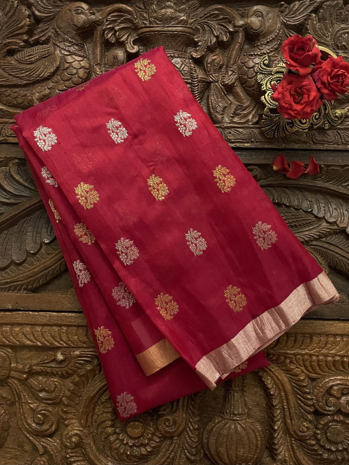 Ruby Red Chanderi Silk Blouse With Gold and Silver Zari Buttis