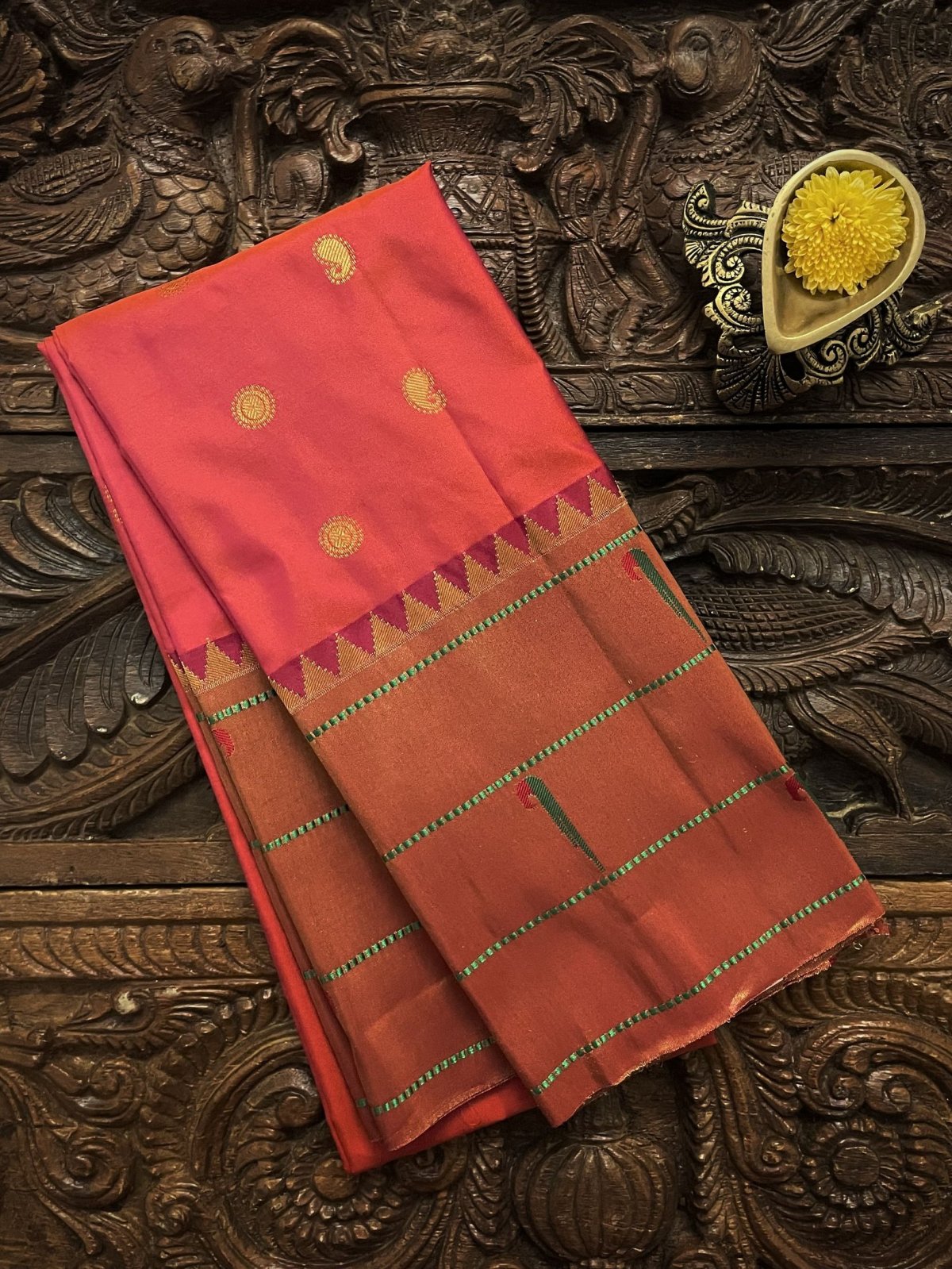 Orange Pink Paithani Silk Blouse With Temple Border