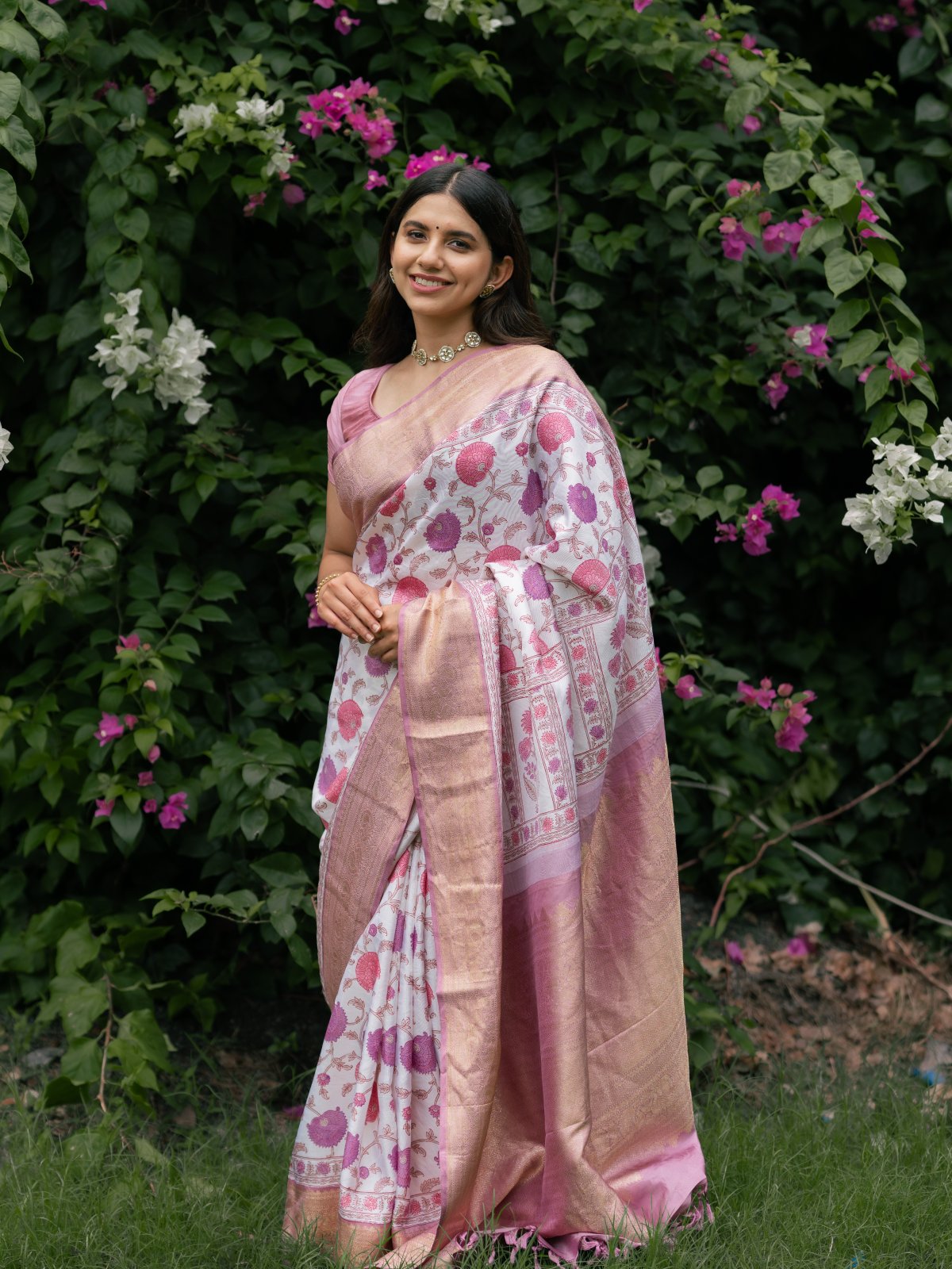 Floral Blockprint Kanjeevaram Silk Saree With Lavender Zari Border