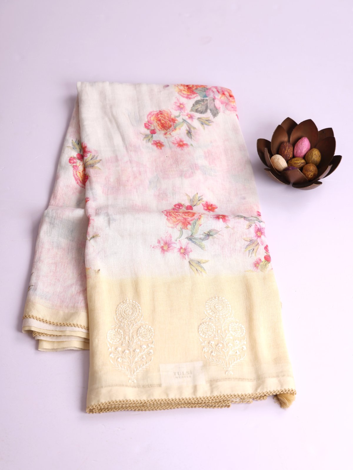 Off- White Printed Linen Saree with Pastel Yellow Embroidered Border