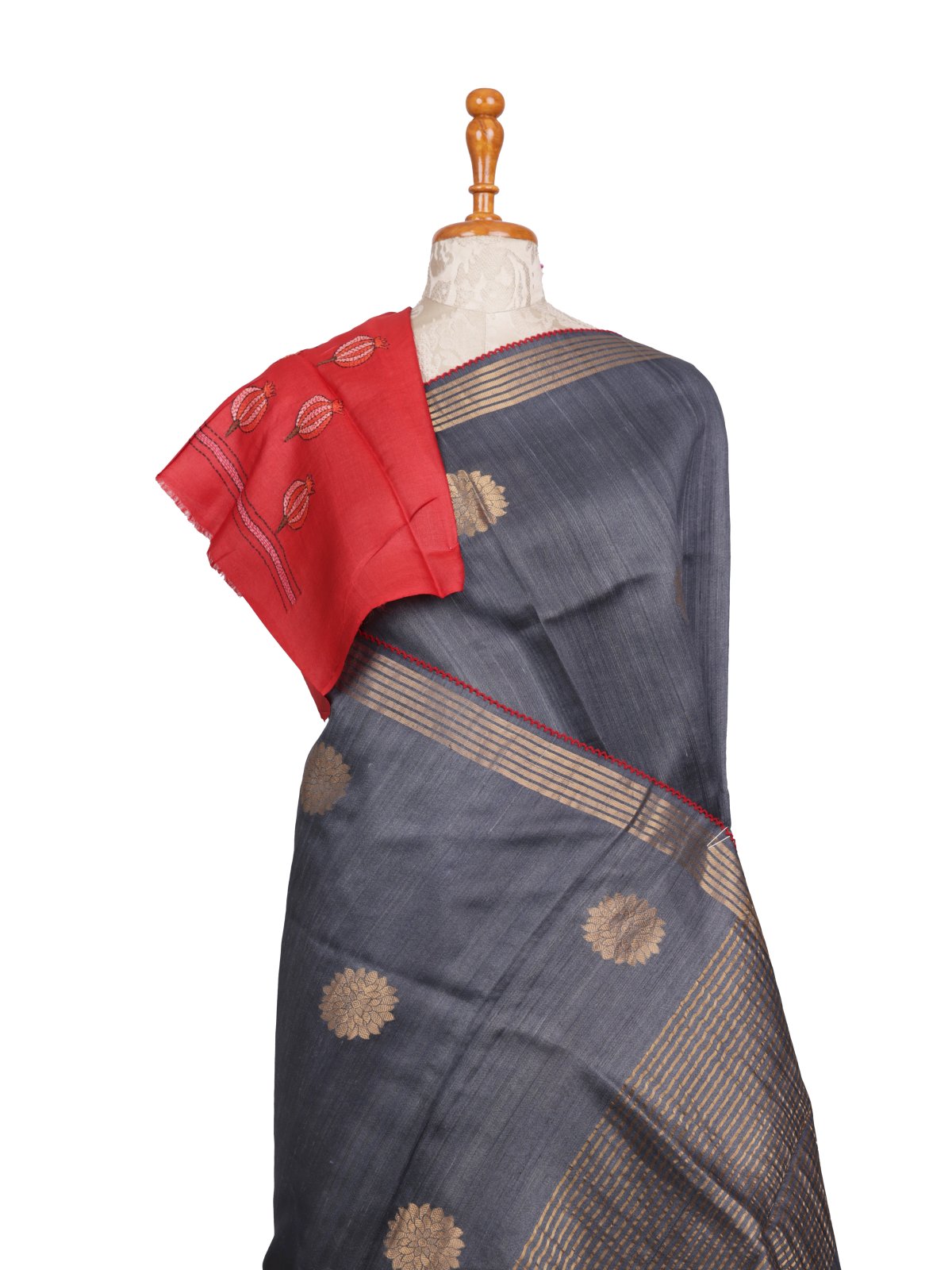 Grey Tussar Silk Saree With Kantha Embroidery 