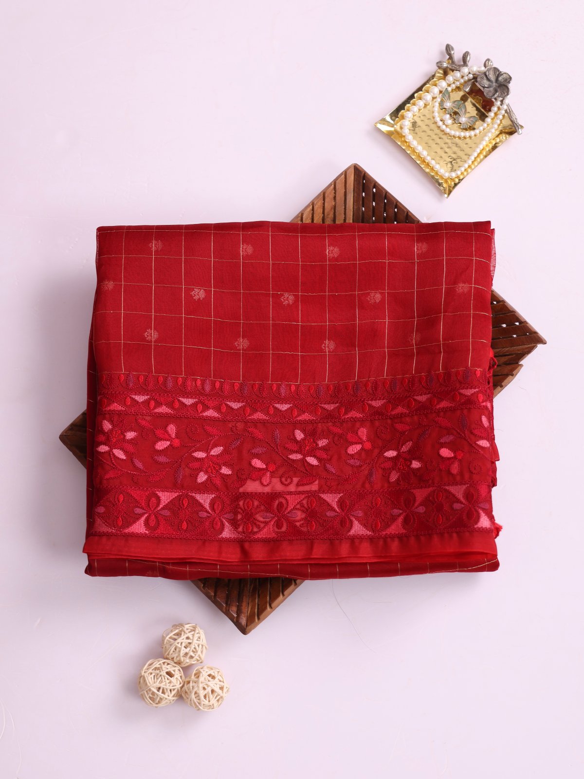 Red Zari Checked Organza Silk Saree With Embroidered Border