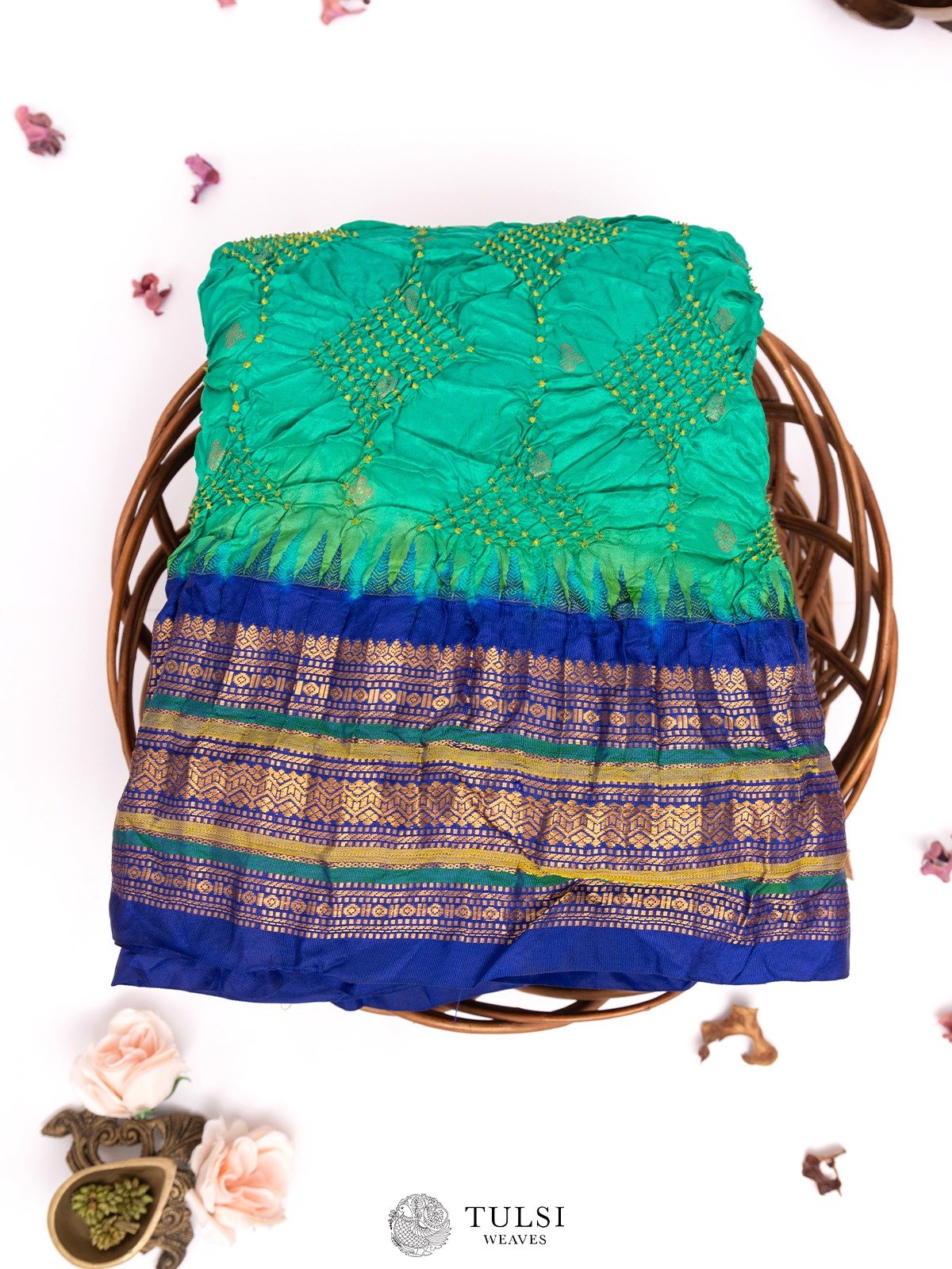 Teal Green Gadwal Silk Saree with Bandhini 