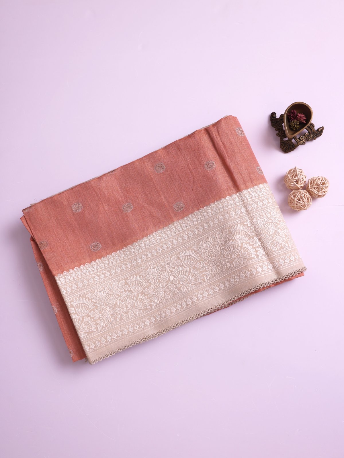 Peach Tissue Munga Tussar Silk Saree with Beige Border