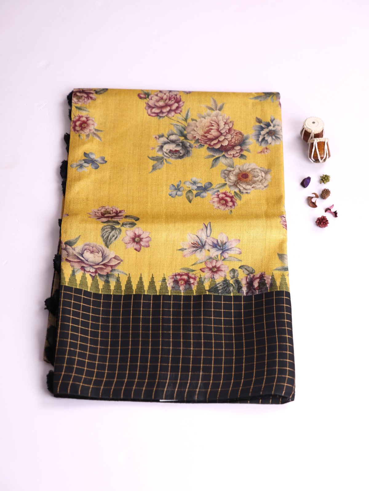 Yellow Printed Tussar Silk Saree With Black Zari Checked Border