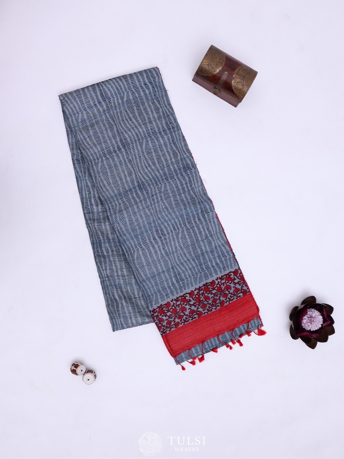 Powder Blue Tussar Silk Saree with Kantha Embroidery 