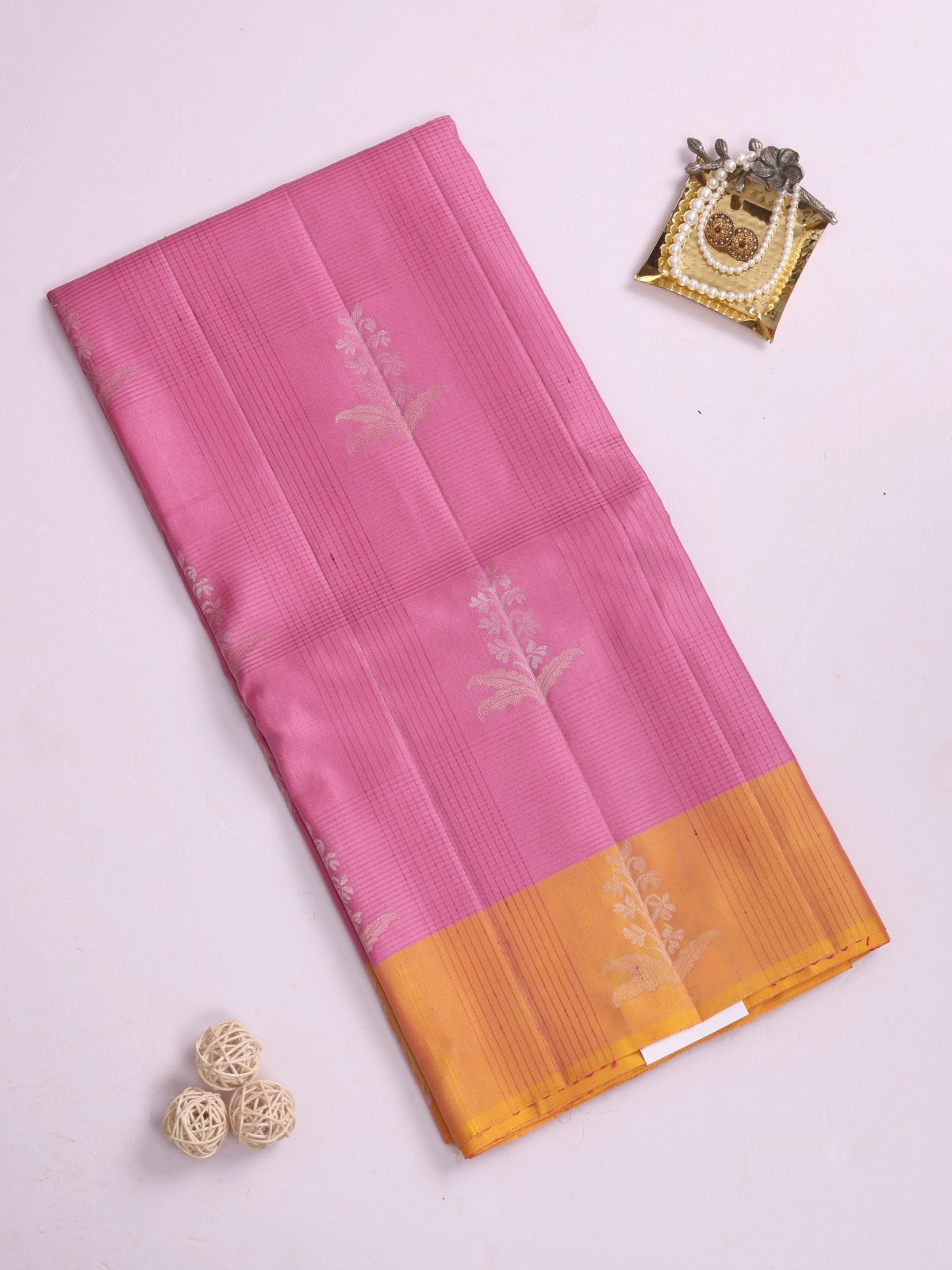 Pink Striped Soft Silk Tussar Saree With Pinkish Yellow Border