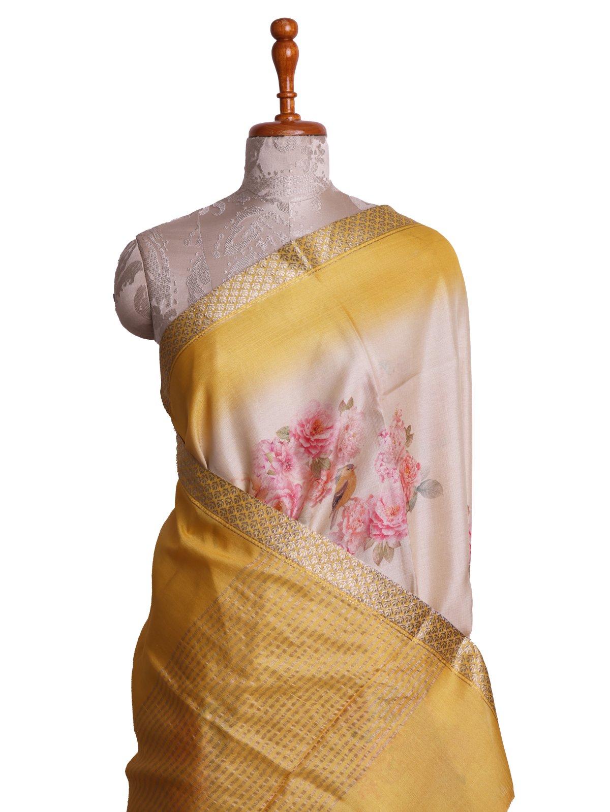 Beige Printed Tussar Silk Saree with Yellow Border 