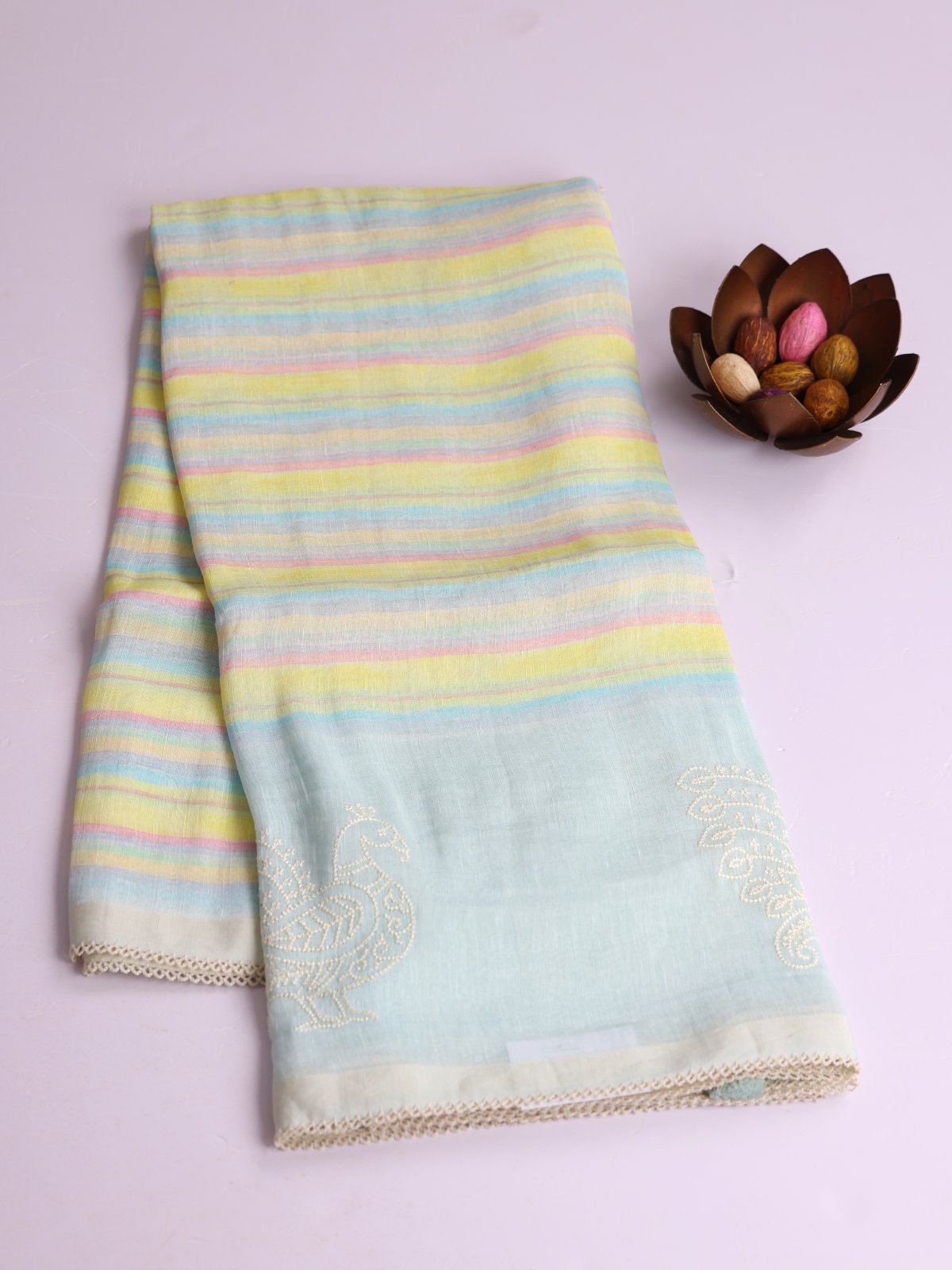 Multi Color Striped Linen Saree With Light Blue Embroidered Border