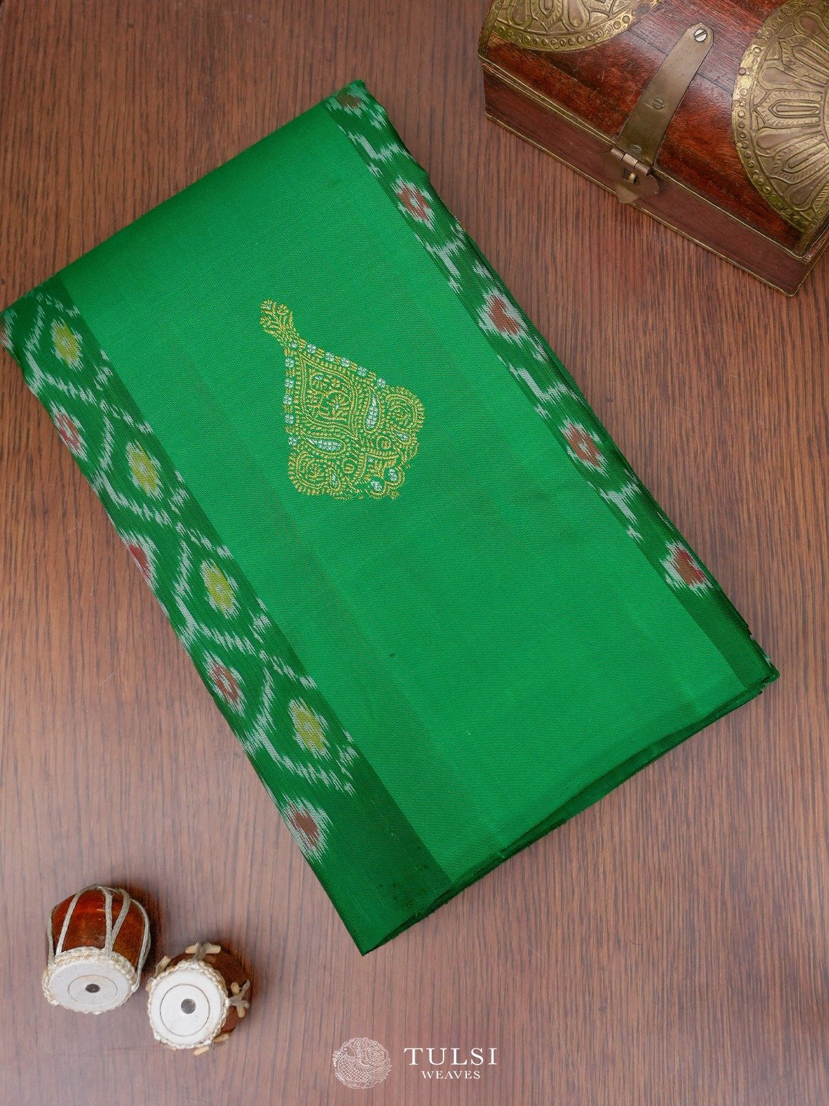 Green Kanjeevaram Silk Saree with Ikat Pattern