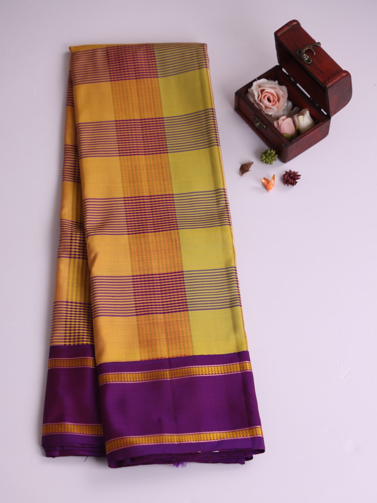 Multi Color Checked Kanjeevaram Pattu Pettu Silk Saree with Purple Border