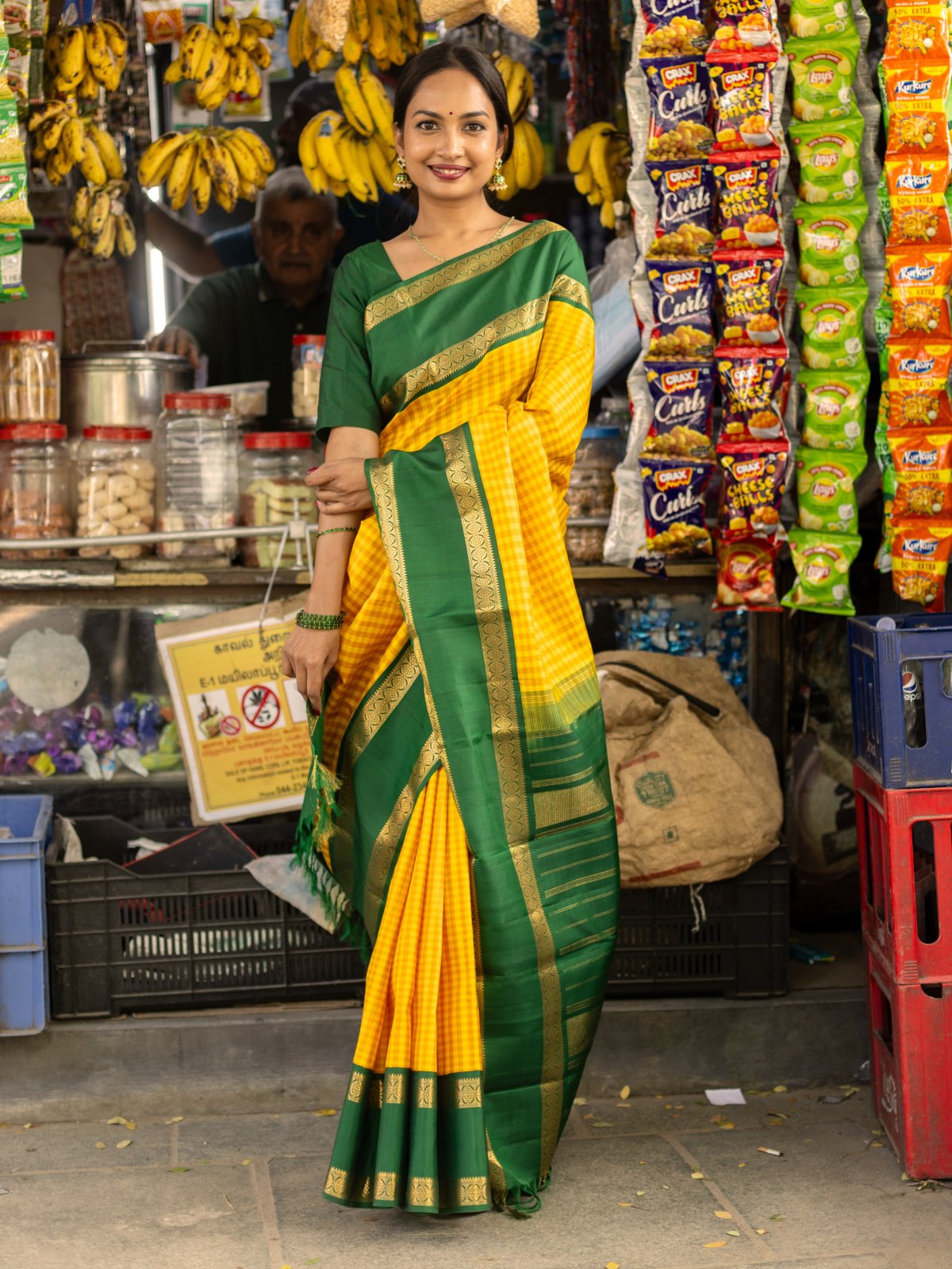 Yellowish Mustard Checked Kanjeevaram Silk Saree