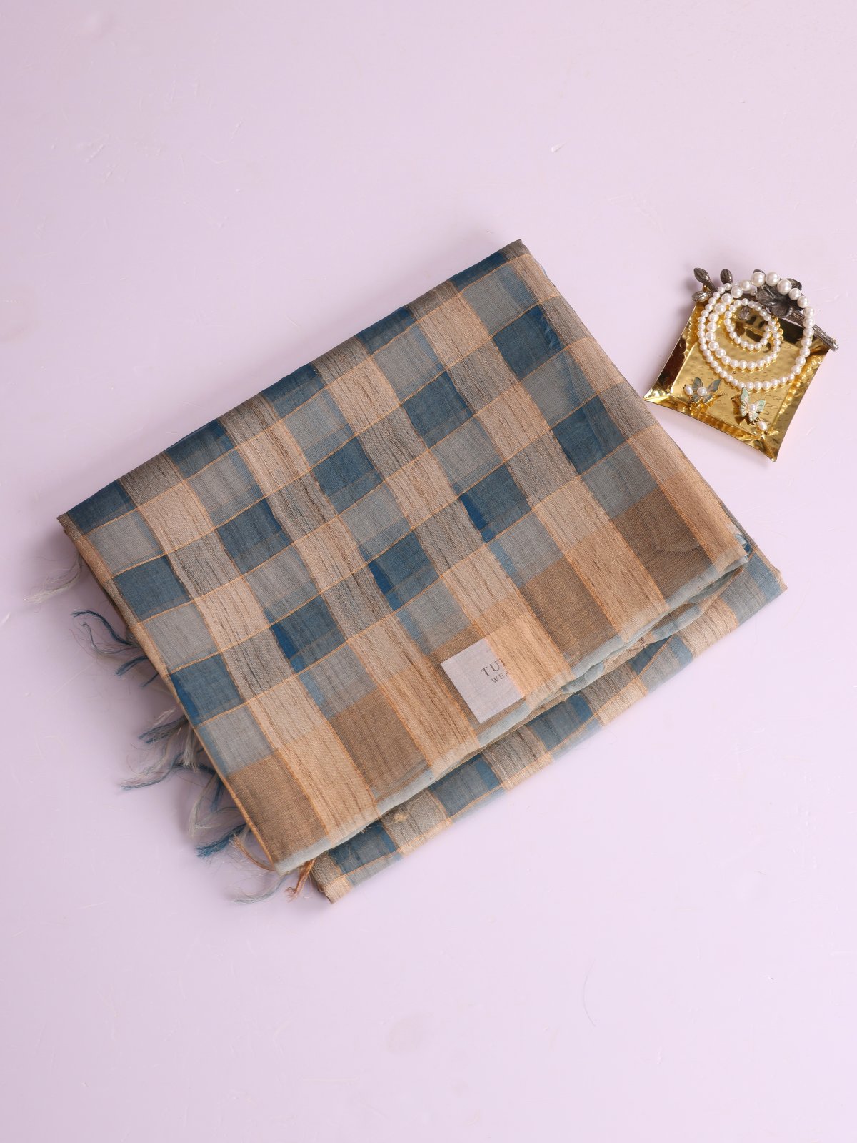 Teal Blue And Beige Checked Printed Organza Tussar Silk Saree