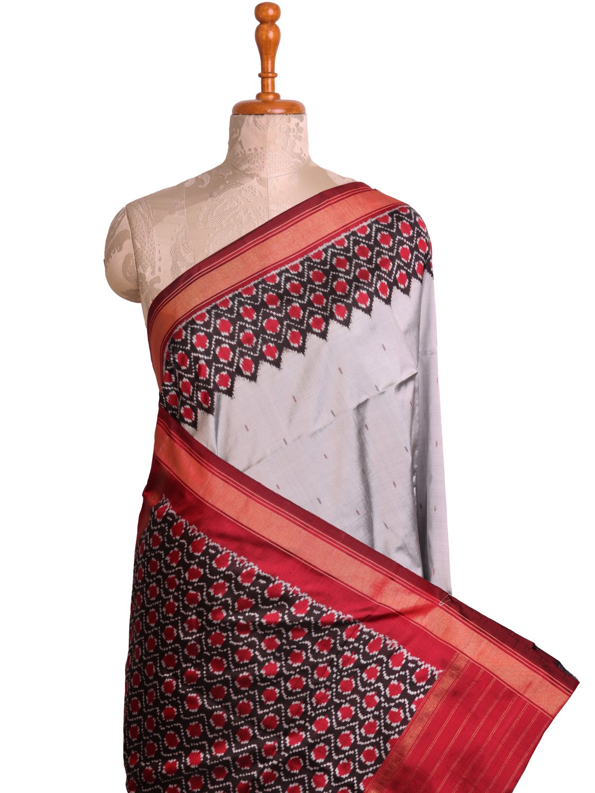 Grey Ikat Silk Saree With Red Border