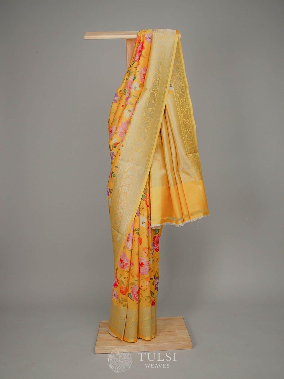 Yellow Tussar Silk Saree With Floral Prints