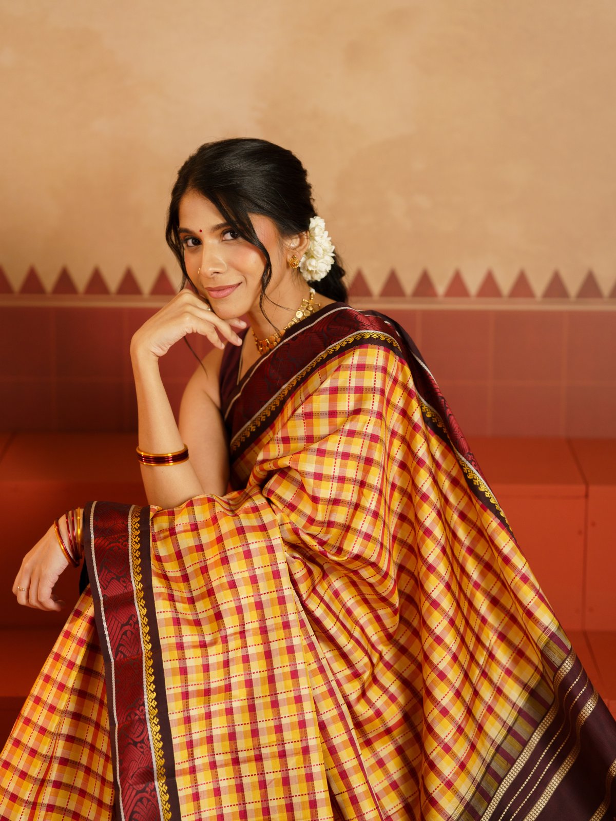 Crafted 24 - Multi Color Checked Kanjeevaram Silk Saree With Brown Pattupettu Border