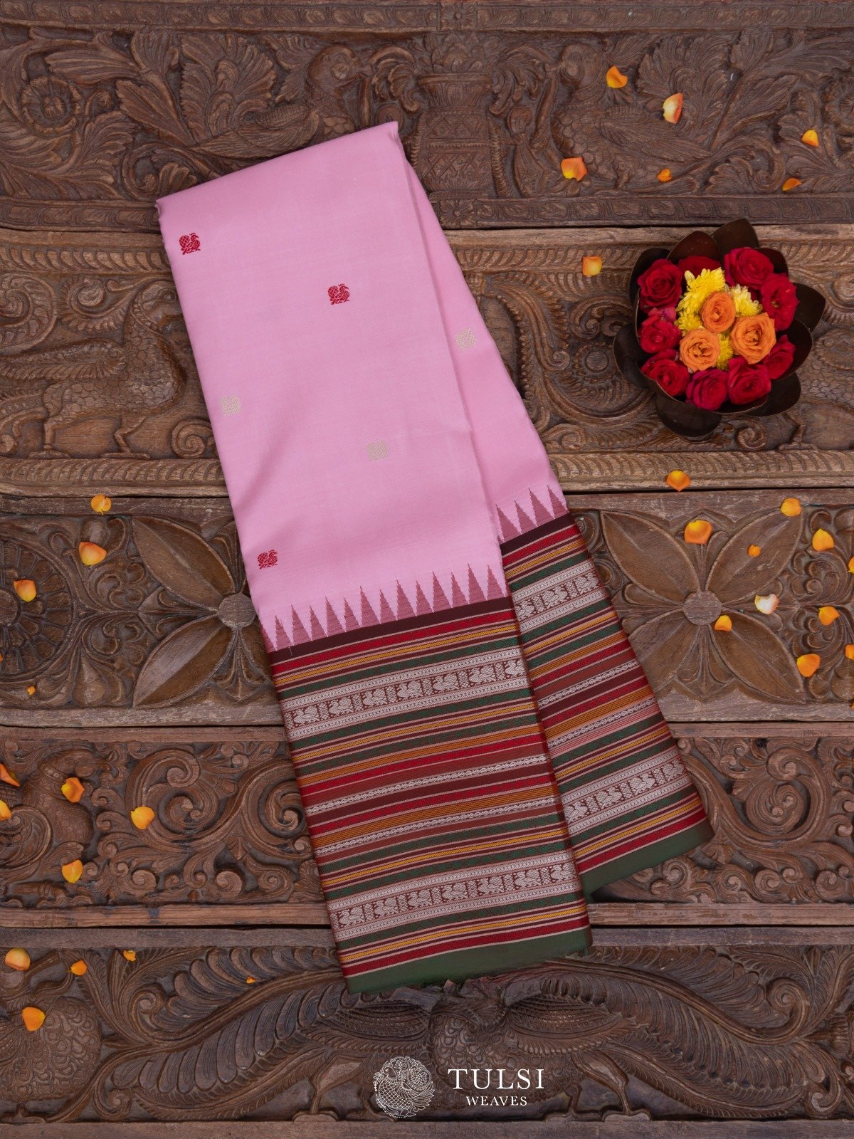 Faded Pink Kanjeevaram Pattu Pett Silk Saree