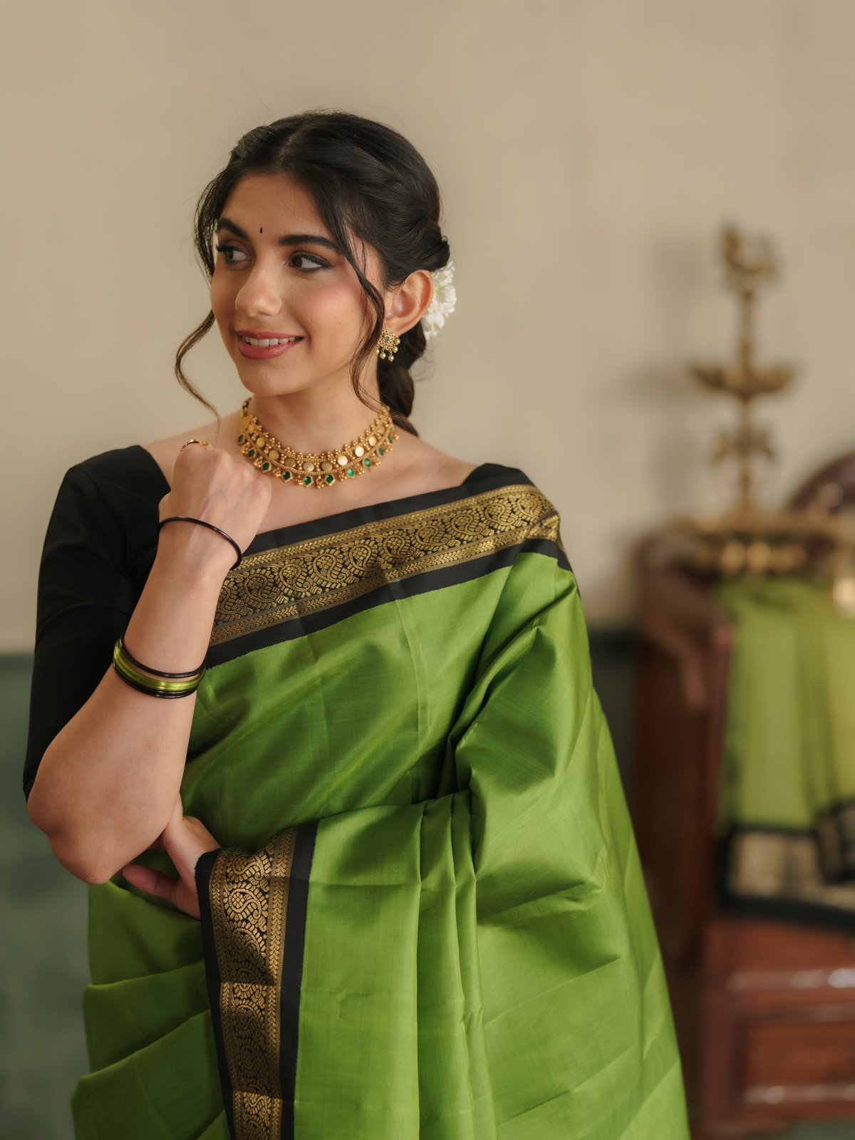 Vintage 110 - Green Kanjeevaram Silk Saree With Black Border