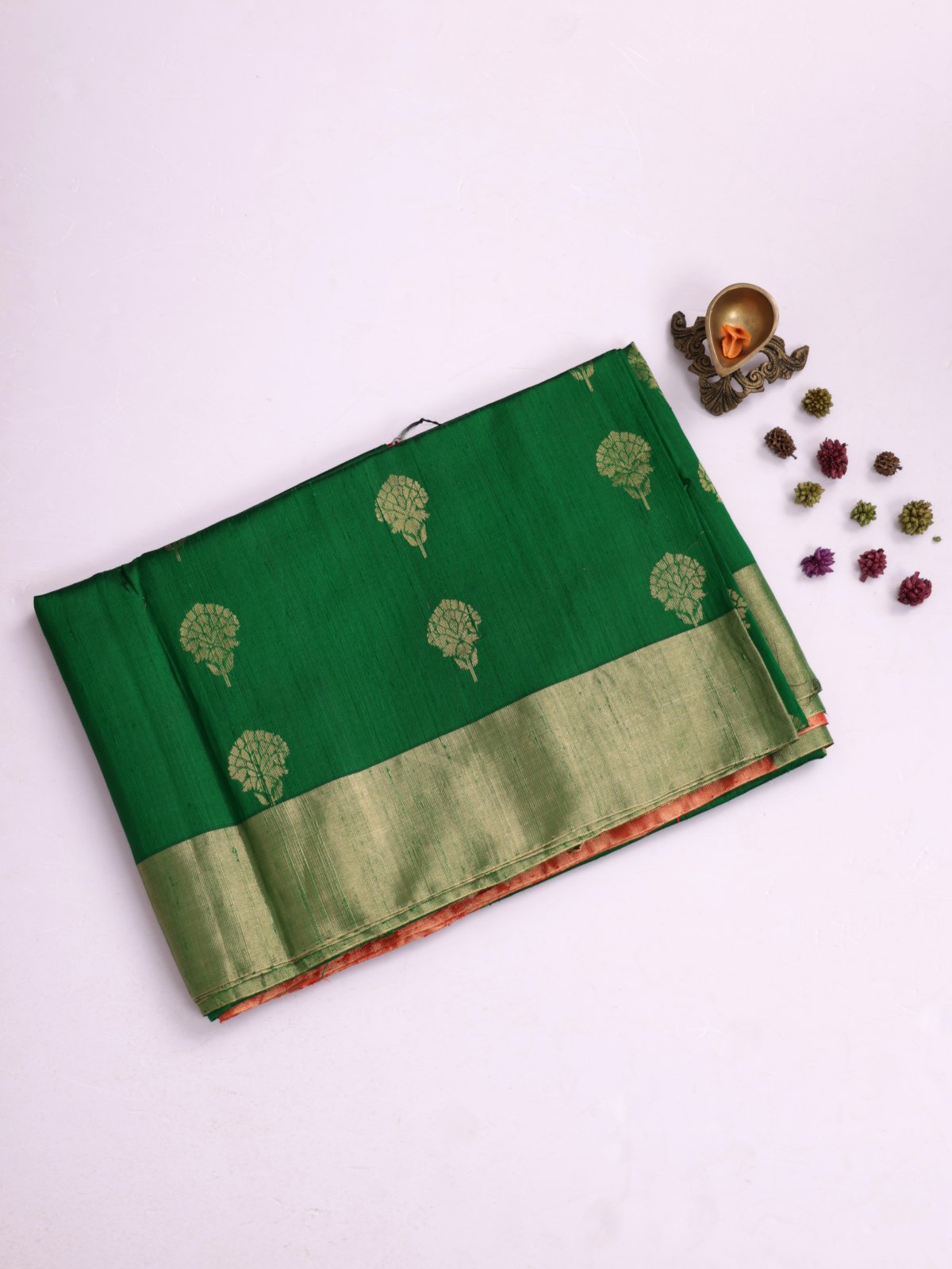 Green Raw Silk Saree with Zari Border